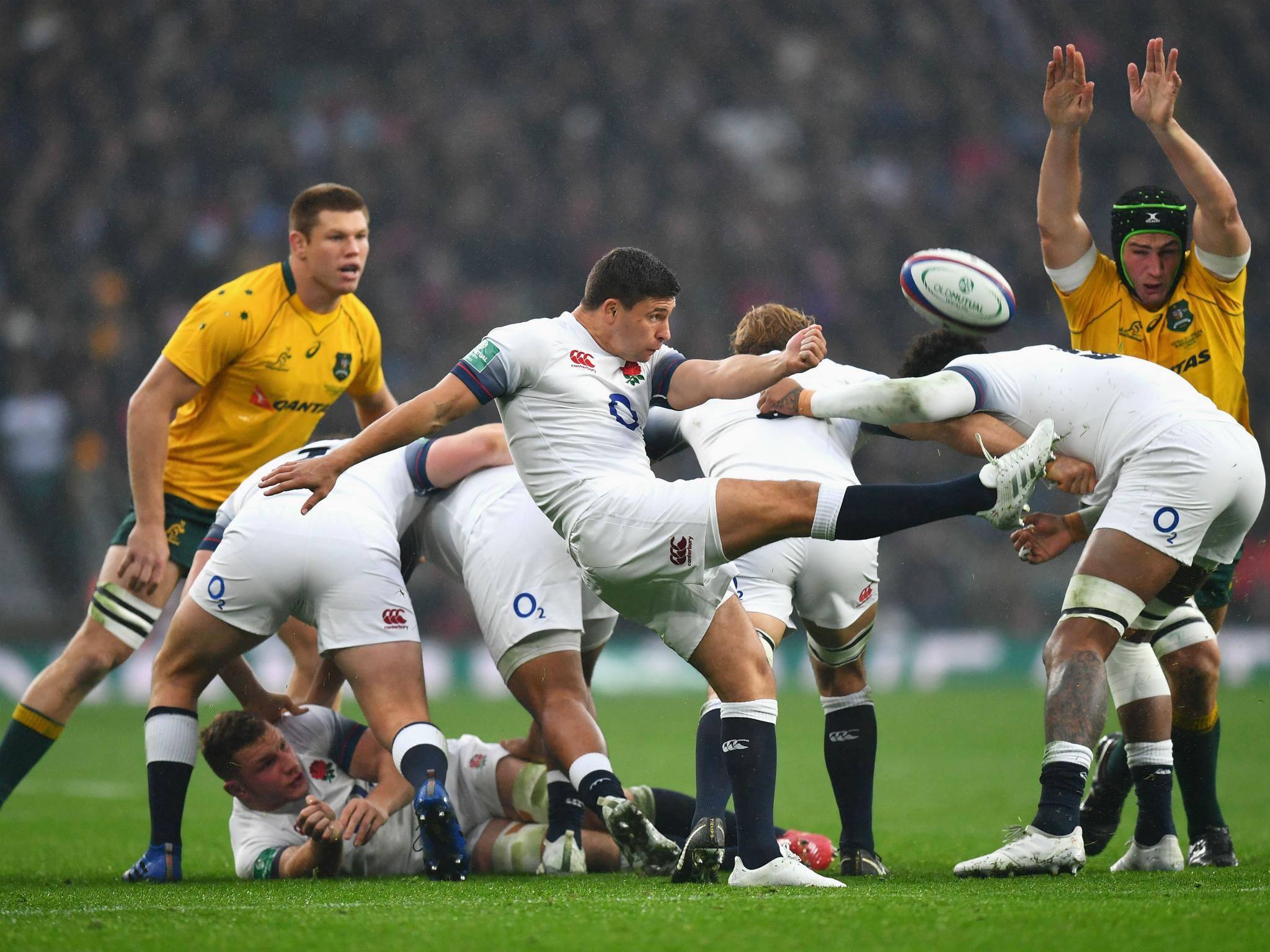 Ben Youngs kicks the ball during England's Test with Australia