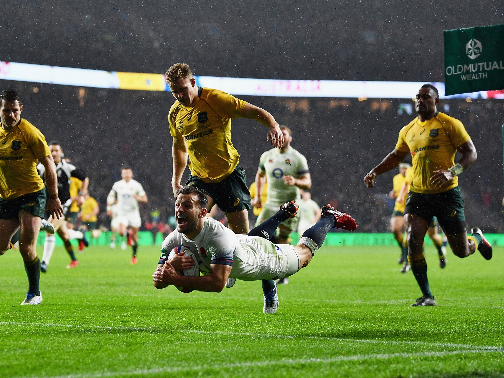 Danny Care dives over for the hosts at Twickenham on Saturday