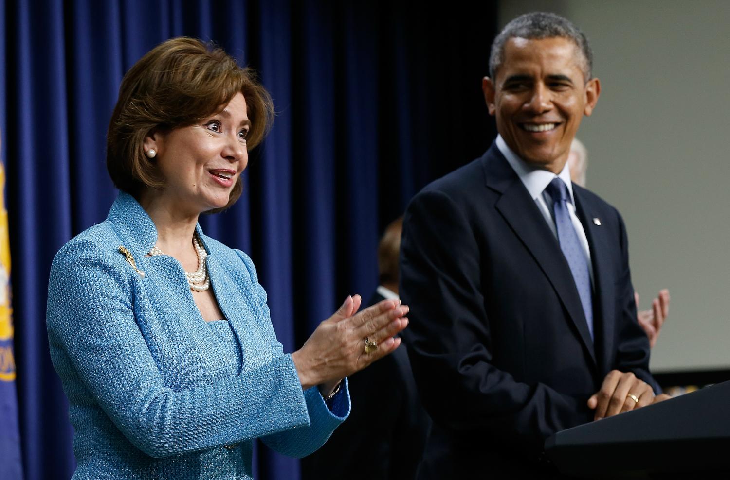 Contreras-Sweet thanks members of the audience as Obama speaks during her Administrator of the Small Business Administration swearing-in ceremony in Washington, DC in 2014. (Getty)