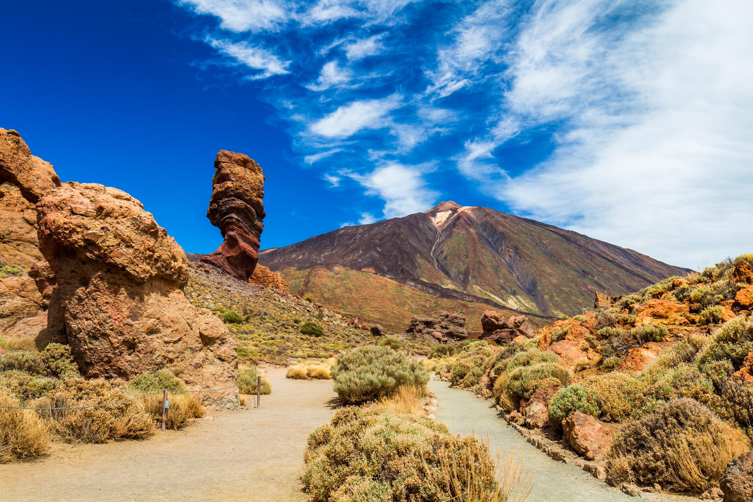 Panoramic view Roque Cinchado rock formation with Pico del Teide