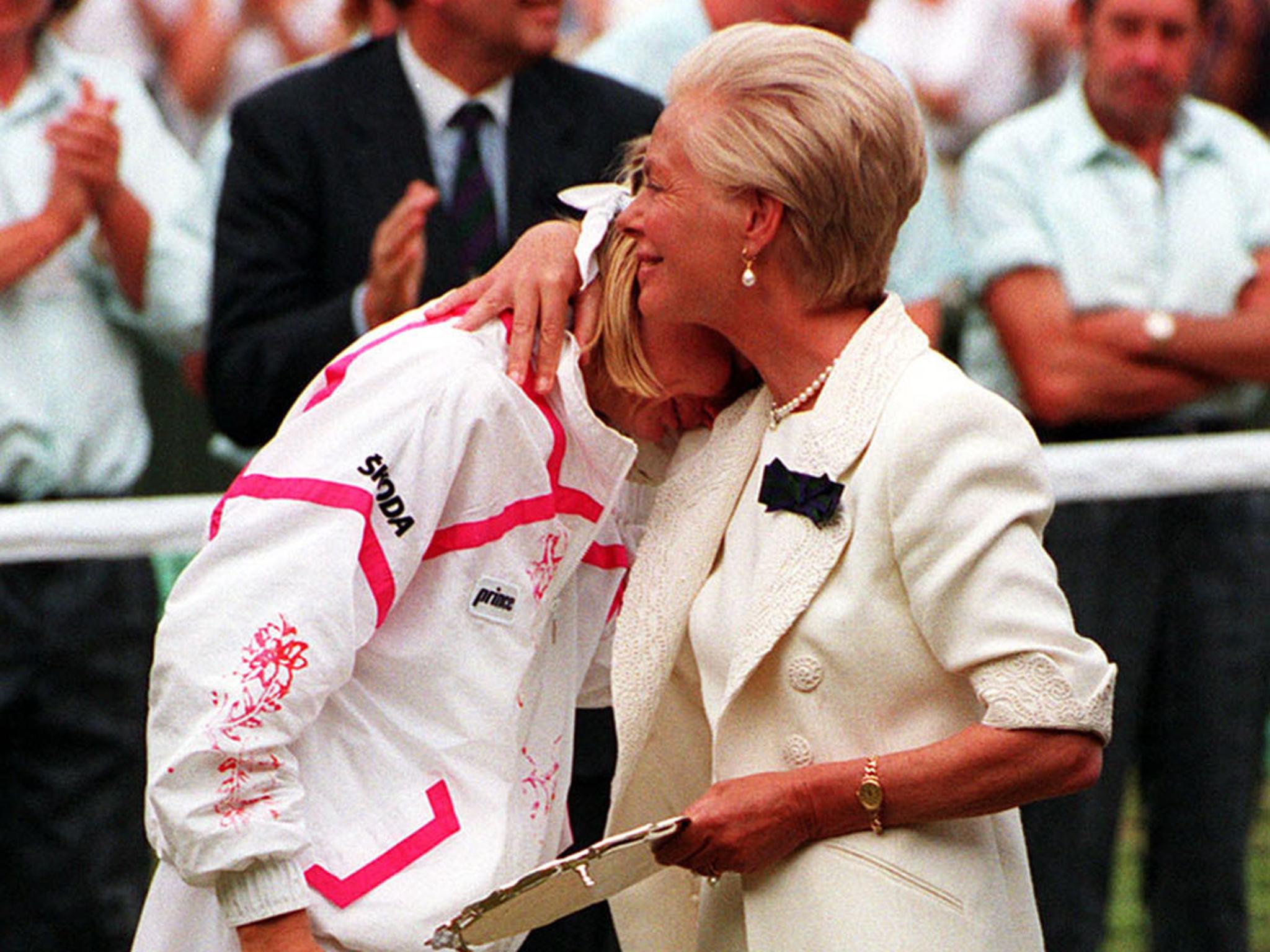 The Duchess of Kent hugs Novotna after she lost to defending champion Steffi Graf in the women’s singles final at Wimbledon in 1993