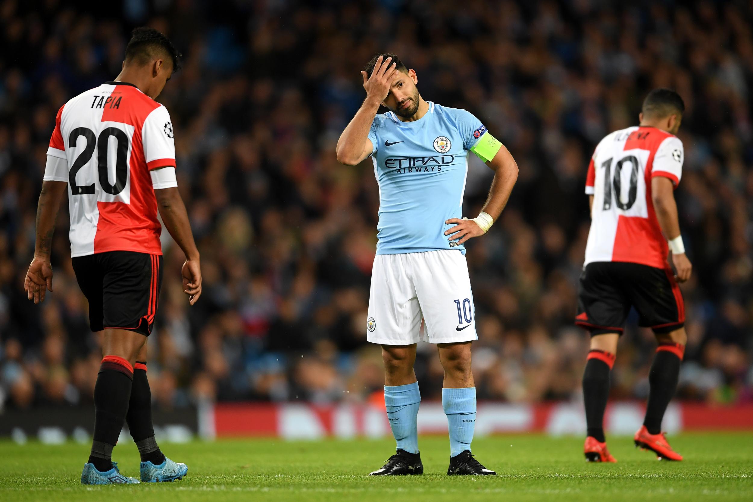 Sergio Aguero reacts after a missed opportunity