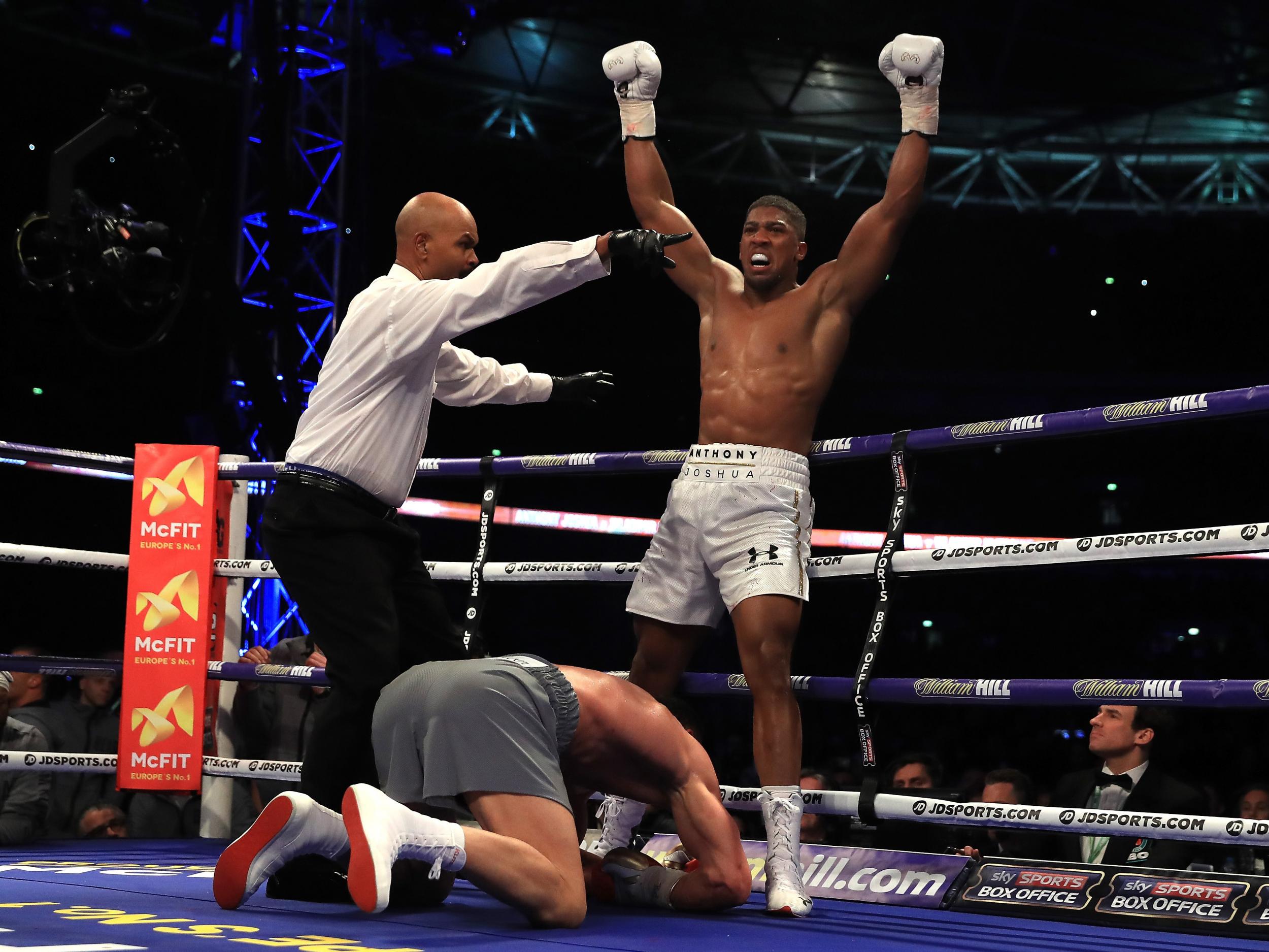 Anthony Joshua celebrates after his victory over Wladimir Klitschko