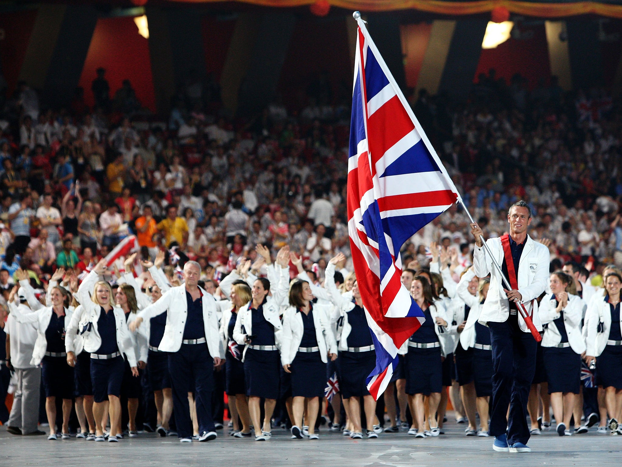 Foster carrying the Union Flag at Beijing 2008