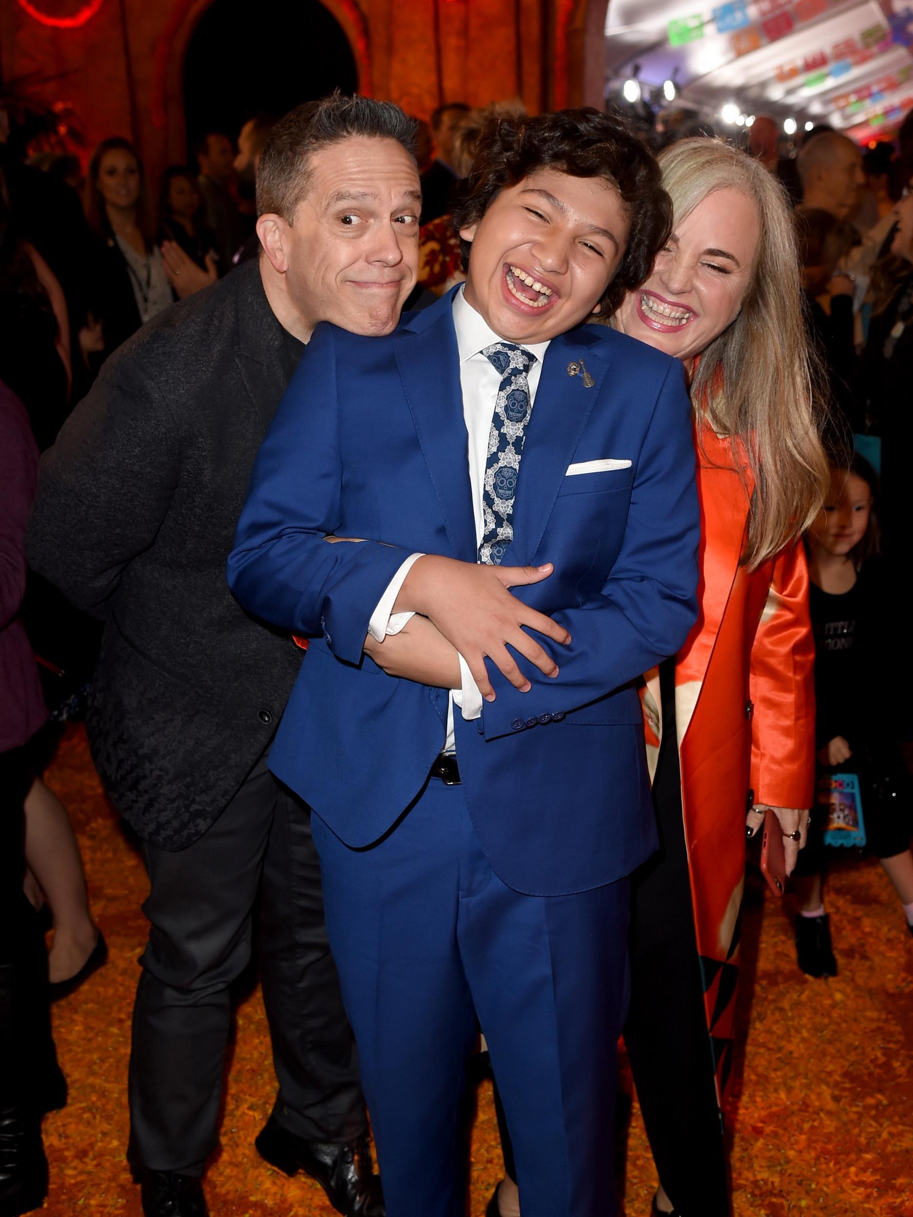 The director Lee Unkrich (left) with Anthony Gonzalez and the producer Darla K Anderson at the film’s Los Angeles premiere