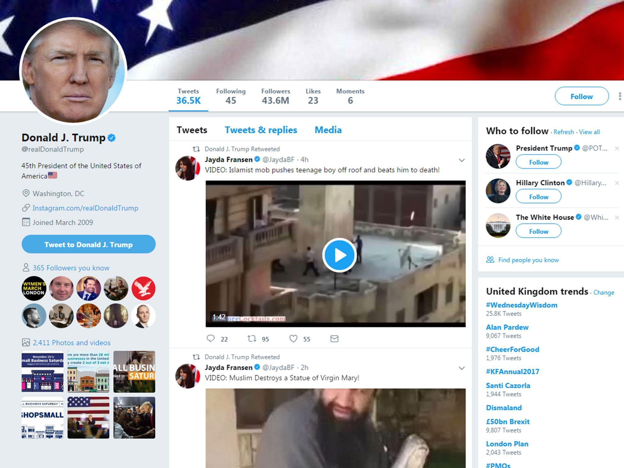 Donald Trump shared three tweets from Britain First deputy leader Jayda Fransen's account