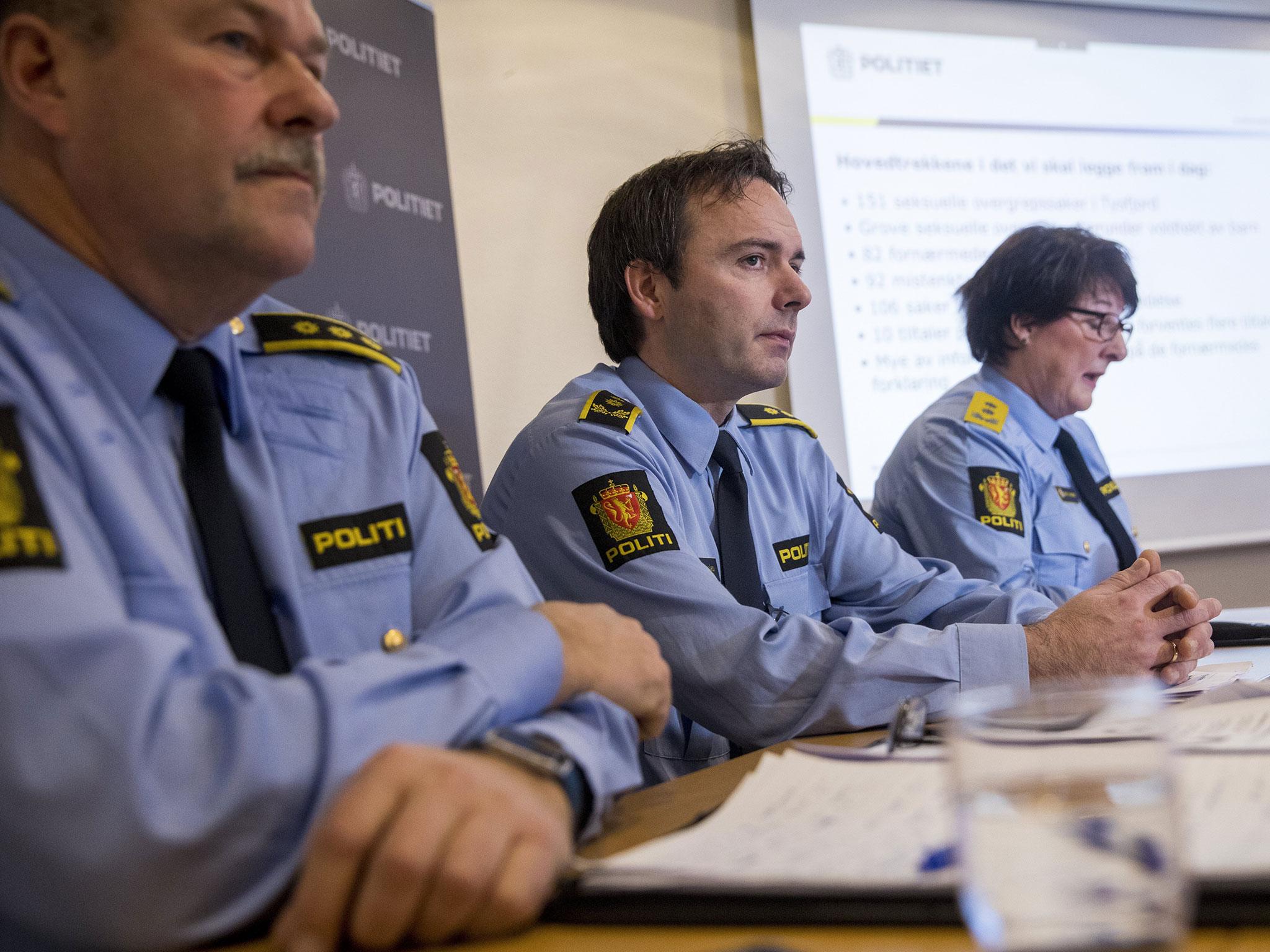 Norwegian police officials from Aslak Finvik, Oeyvind A Rengard and Tone Vangen (left to right) talk to media, acknowledging police 'didn't do a good job' ( EPA/TORE MEEK)