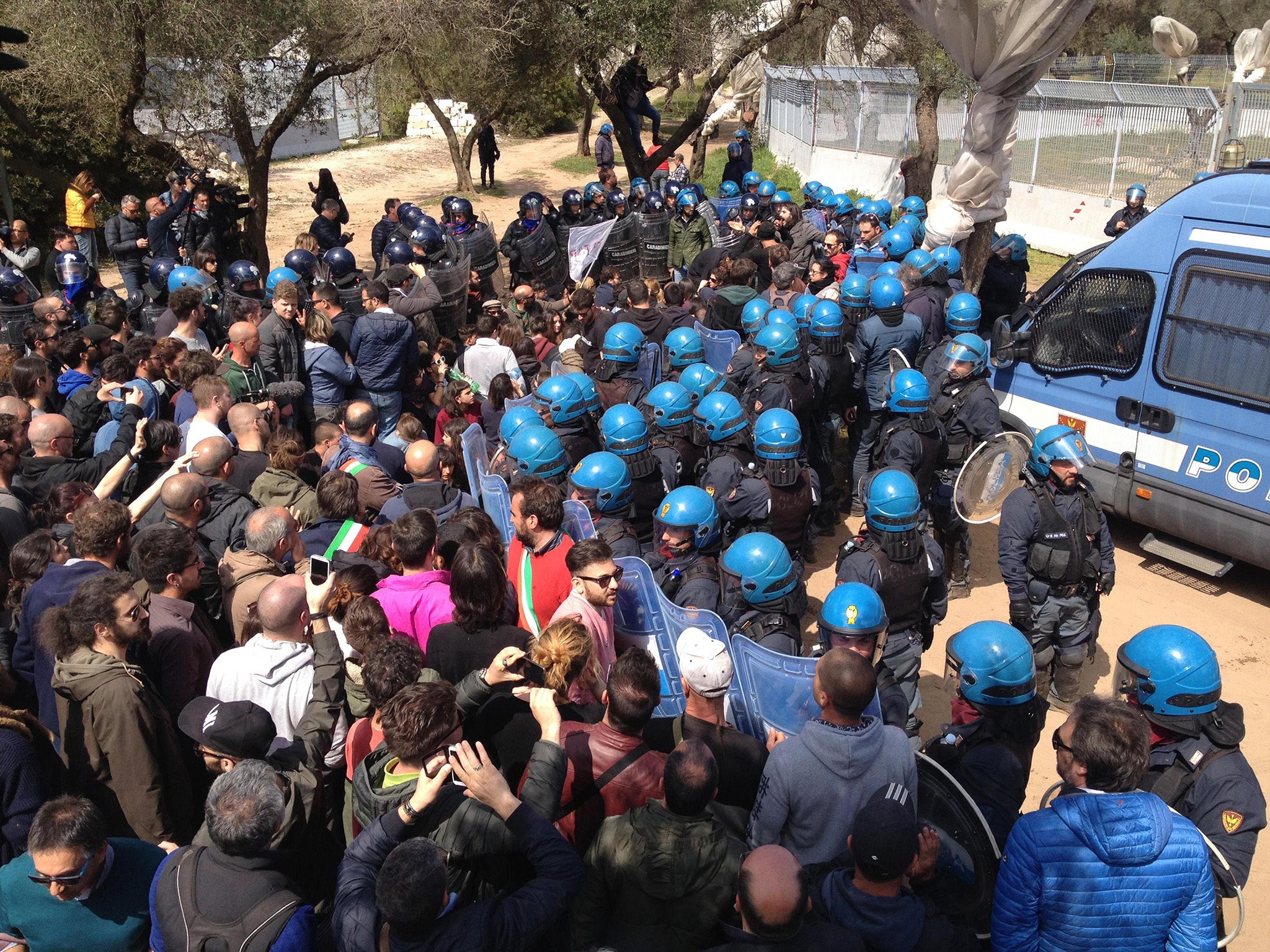 Protesters clash with riot police during a demonstration in March opposing the removal of olive trees near the site of the TAP gas pipeline project in Melendugno