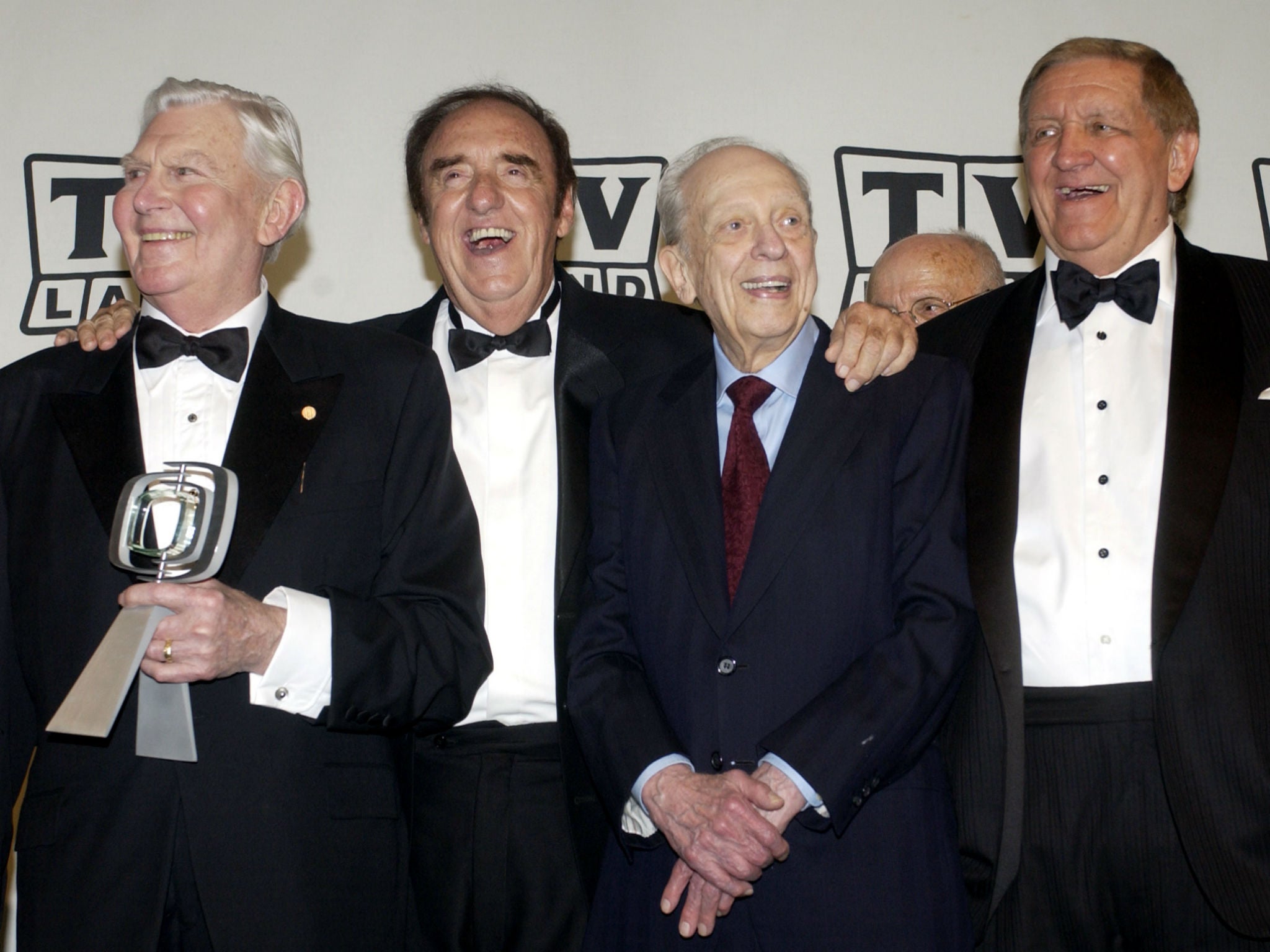 From left to right: Andy Griffith, Jim Nabors, Don Knotts and George Lindsey, cast members in The Andy Griffith Show, at an awards show in 2004