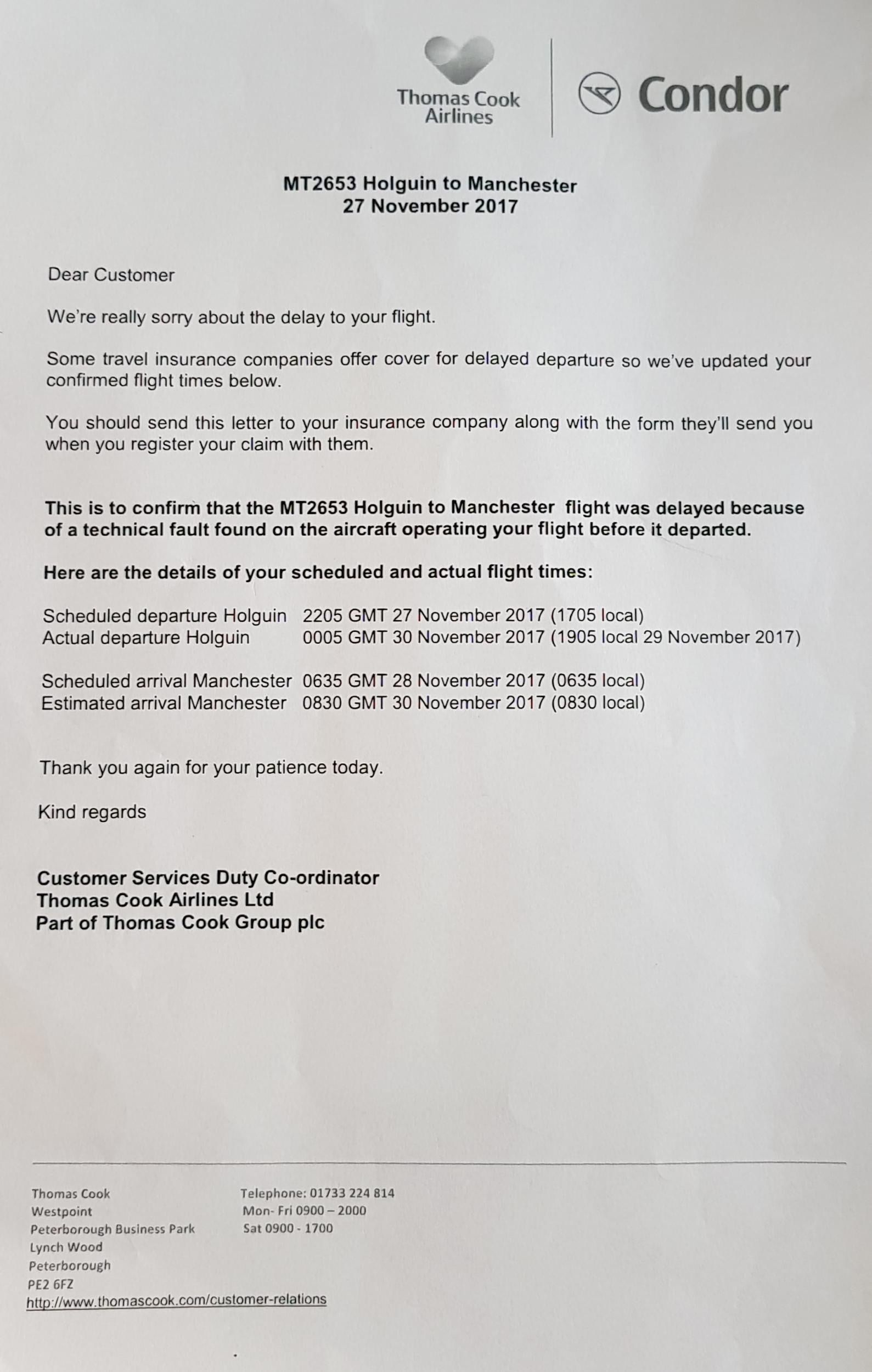 The letter Mr Swan received from Thomas Cook