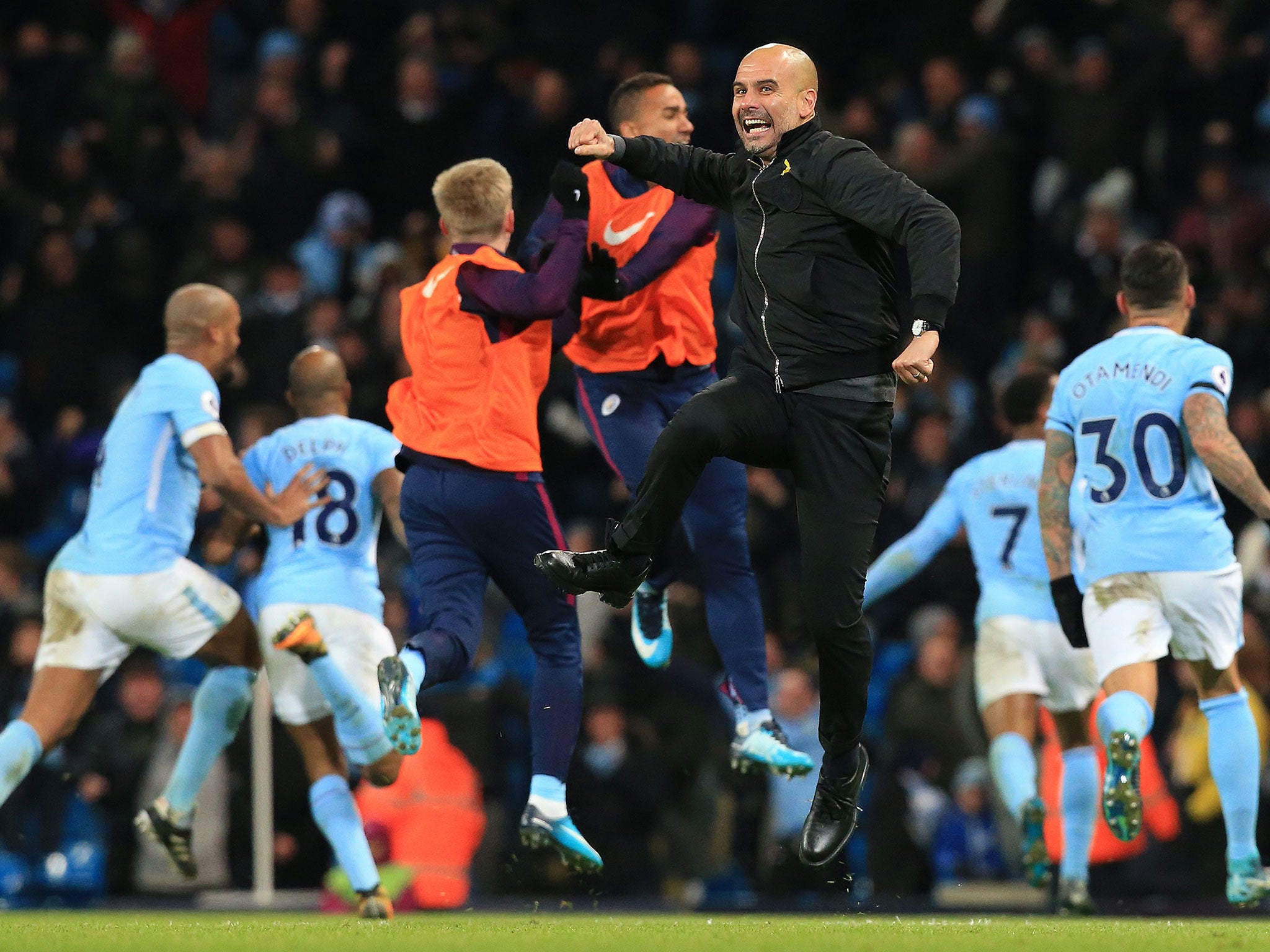 Pep Guardiola celebrates Raheem Sterling's later winner against Southampton