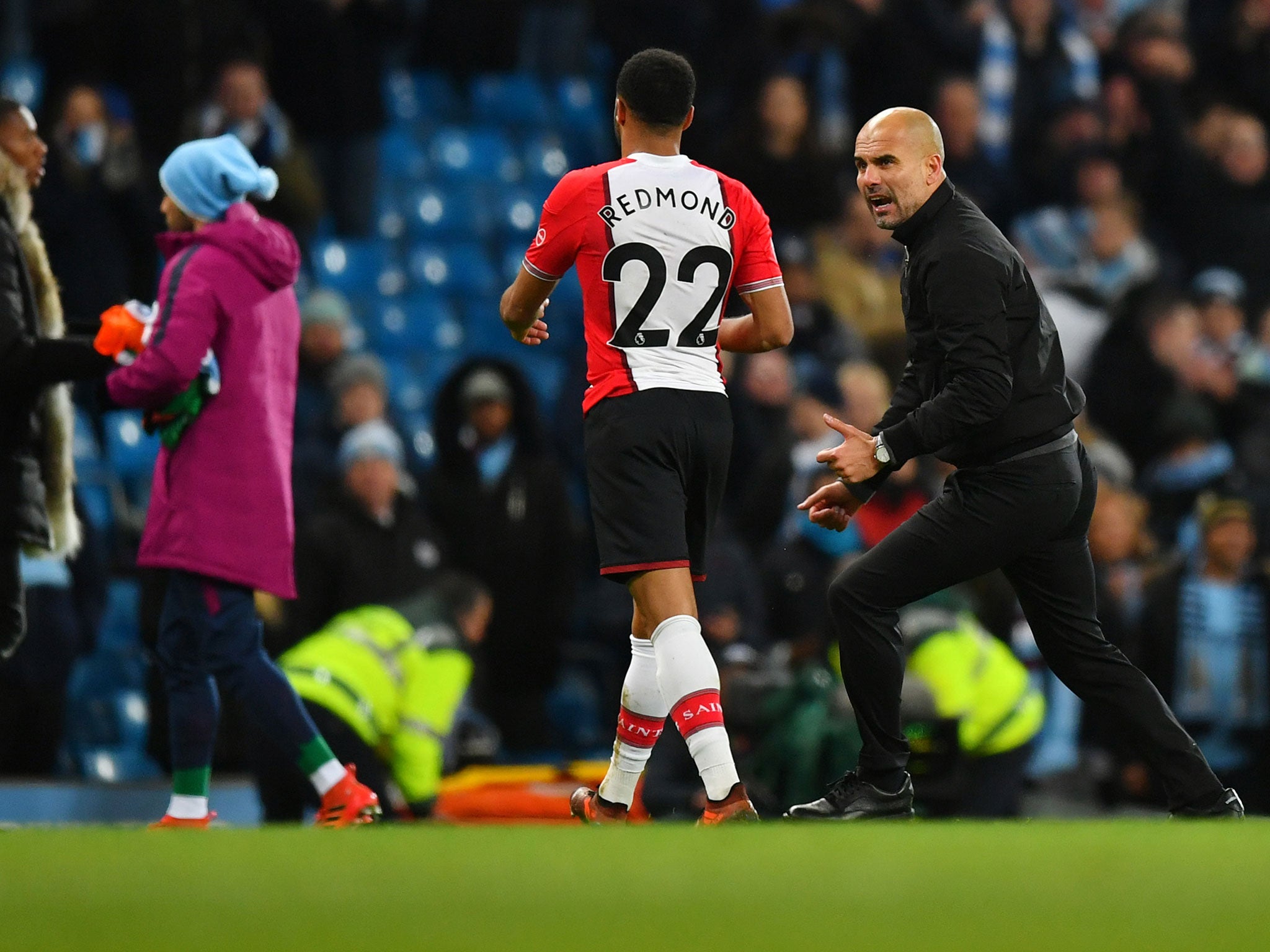 Pep Guardiola confronts Nathan Redmond after City's midweek victory over Southampton