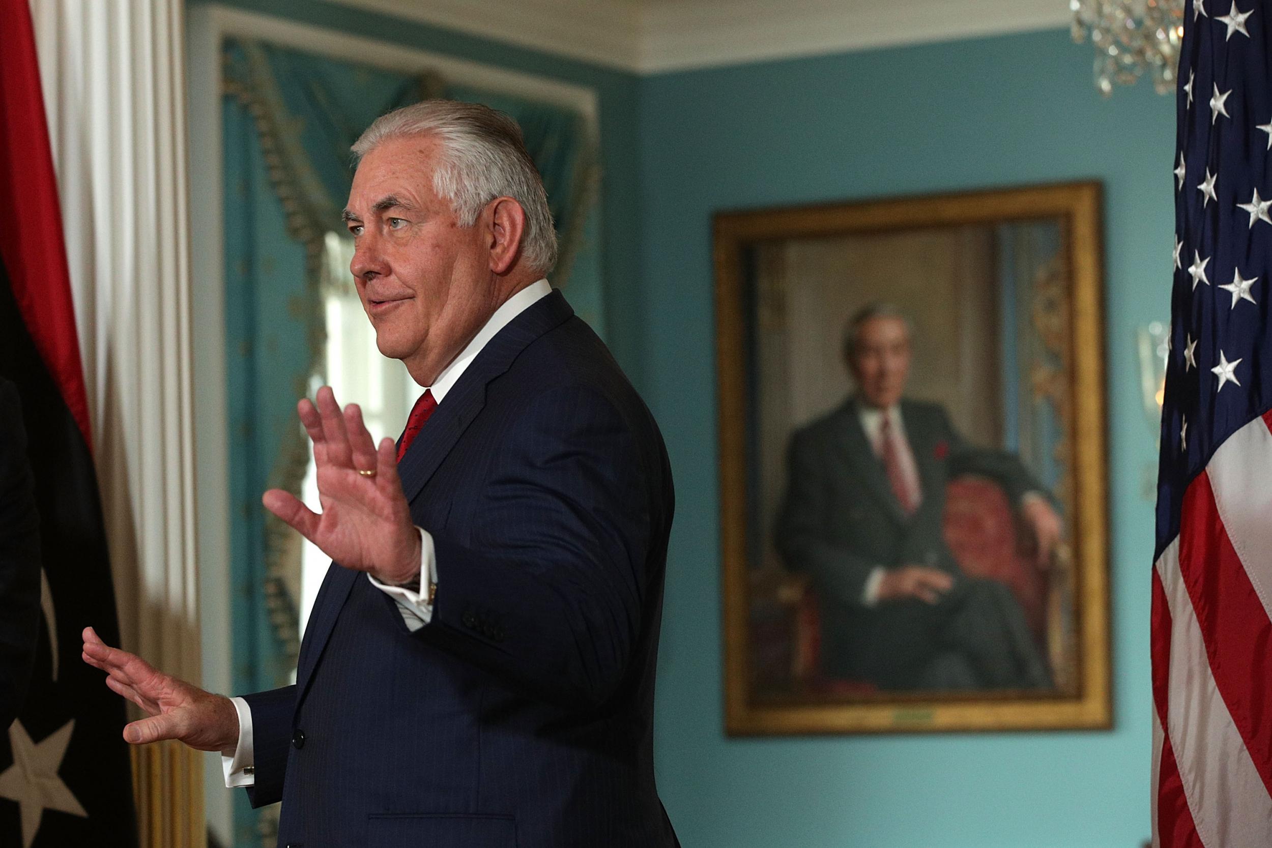 Secretary of State Rex Tillerson speaks as he participates in a photo op with Libyan Prime Minister Fayez al-Sarraj