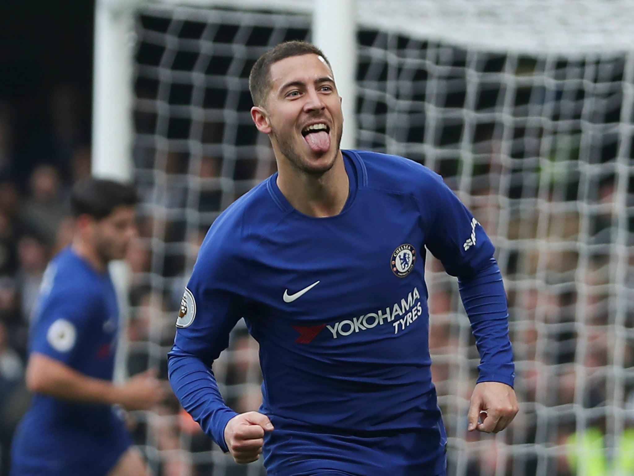 Eden Hazard celebrates after scoring the first of two goals against Newcastle