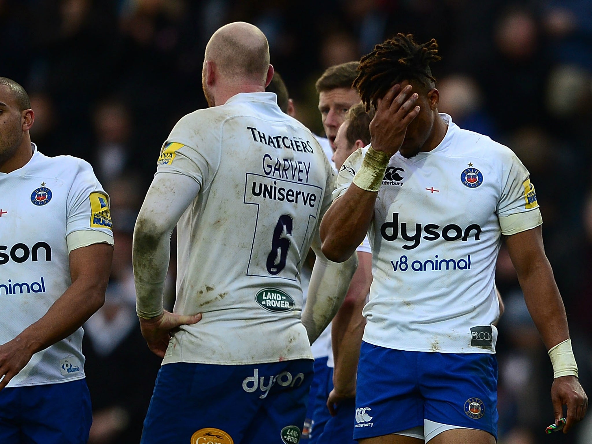 Anthony Watson reacts dejectedly during Bath's heavy defeat