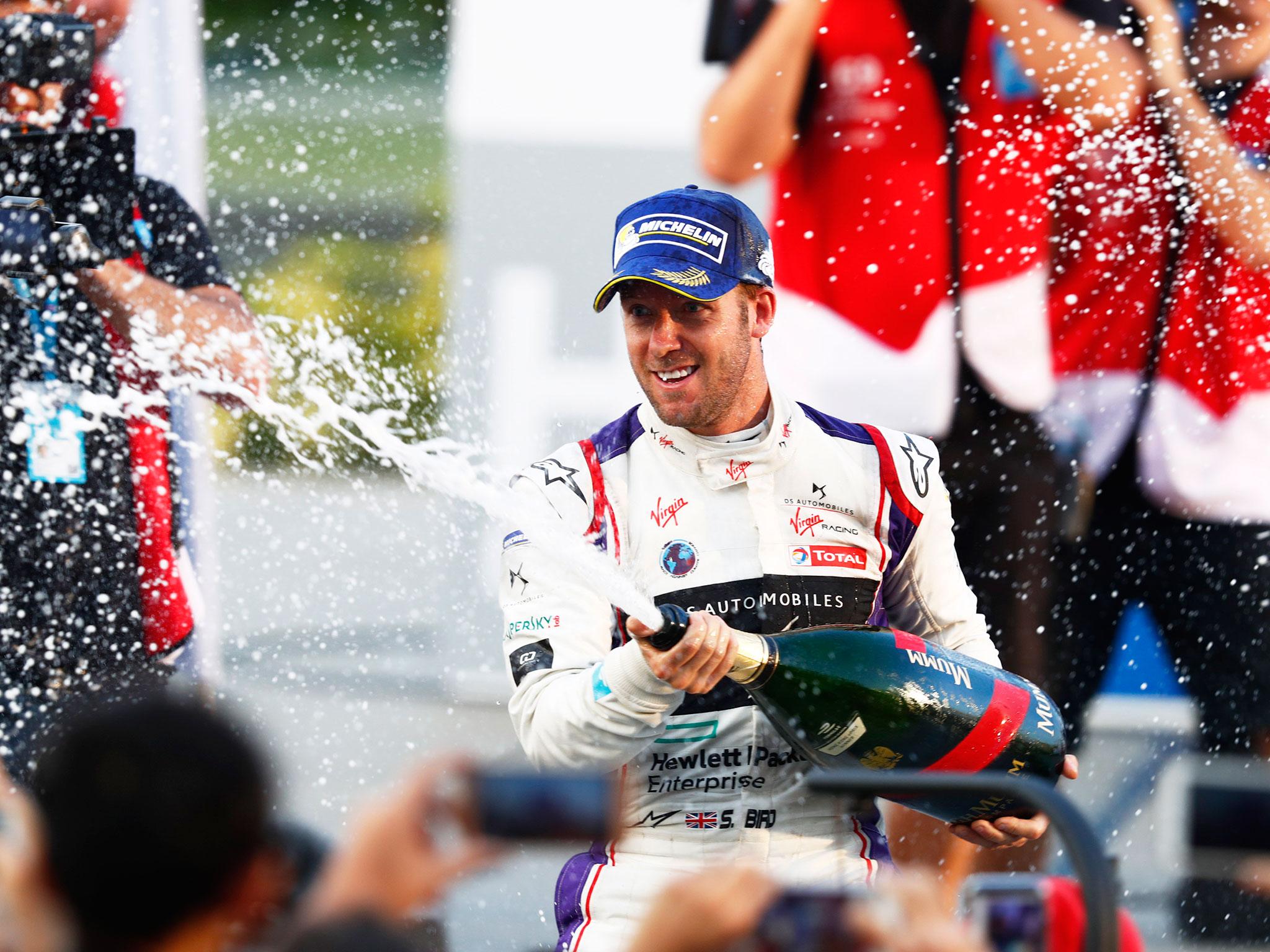 Sam Bird celebrates his victory in Hong Kong