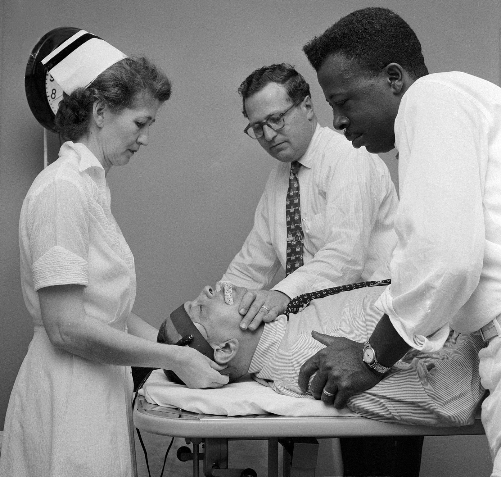 A patient at Hillside mental hospital undergoes electroconvulsive therapy circa 1955