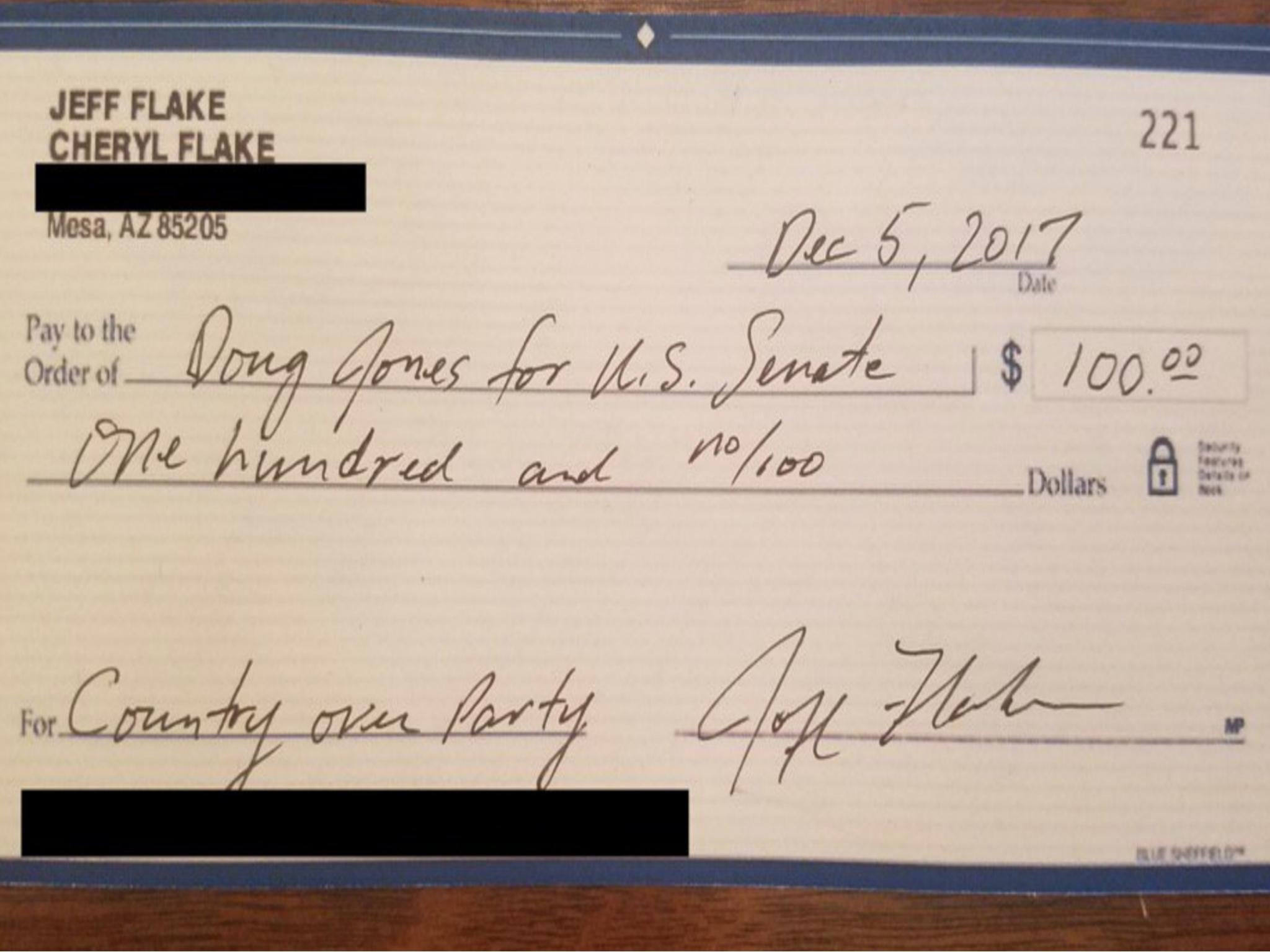 The cheque Jeff Flake made out to Doug Jones' campaign