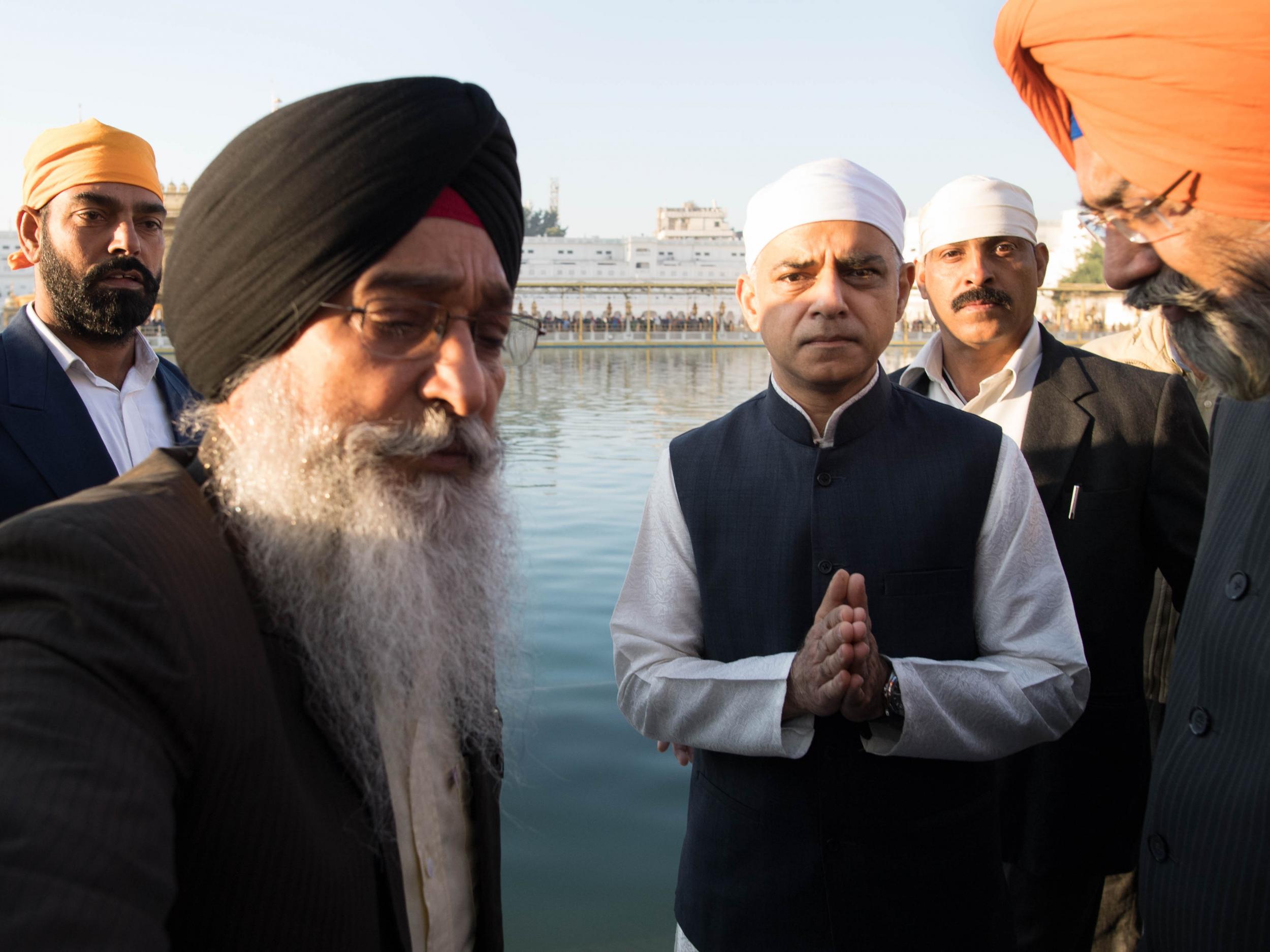 Mayor for London Sadiq Khan at the Golden Temple in Amritsar in India where he met religious leaders and paid his respects to the most important pilgrimage site of the Sikh religion