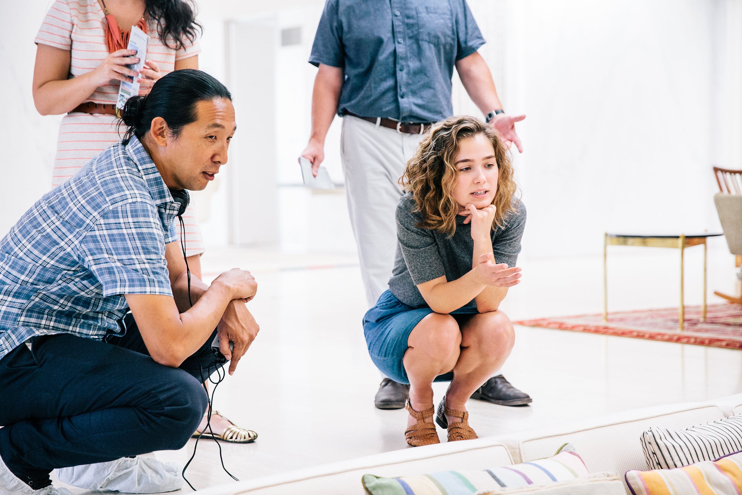 Director Kogonada, left, and co-star Haley Lu Richardson on the set of ‘Columbus’