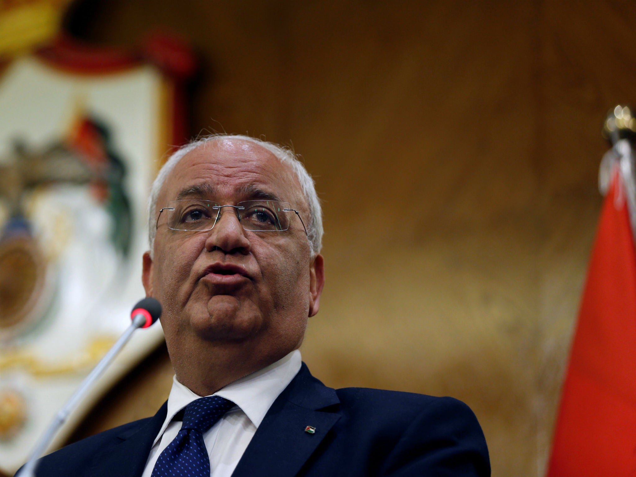 Saeb Erekat speaks during a joint news conference with Foreign Ministers of Jordan and Egypt in Amman, Jordan on May 14, 2017