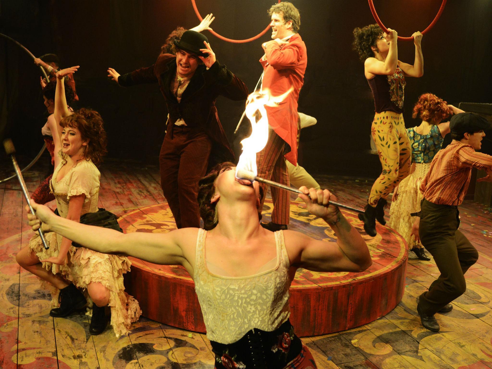 Marcus Brigstocke as PT Barnum (centre) with the company of 'Barnum' at Menier Chocolate Factory