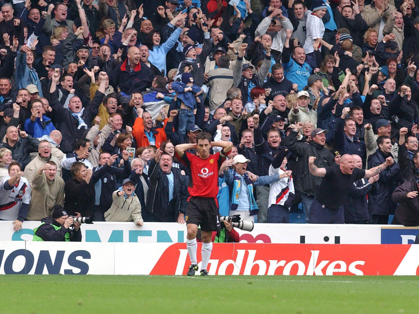 The game was the final Manchester derby at Maine Road  and Gary Neville had never been so popular in the blue half of the city. His mistake allowed Shaun Goater to give City a half-time lead before he scored his 100th goal for the club to make it 3-1.