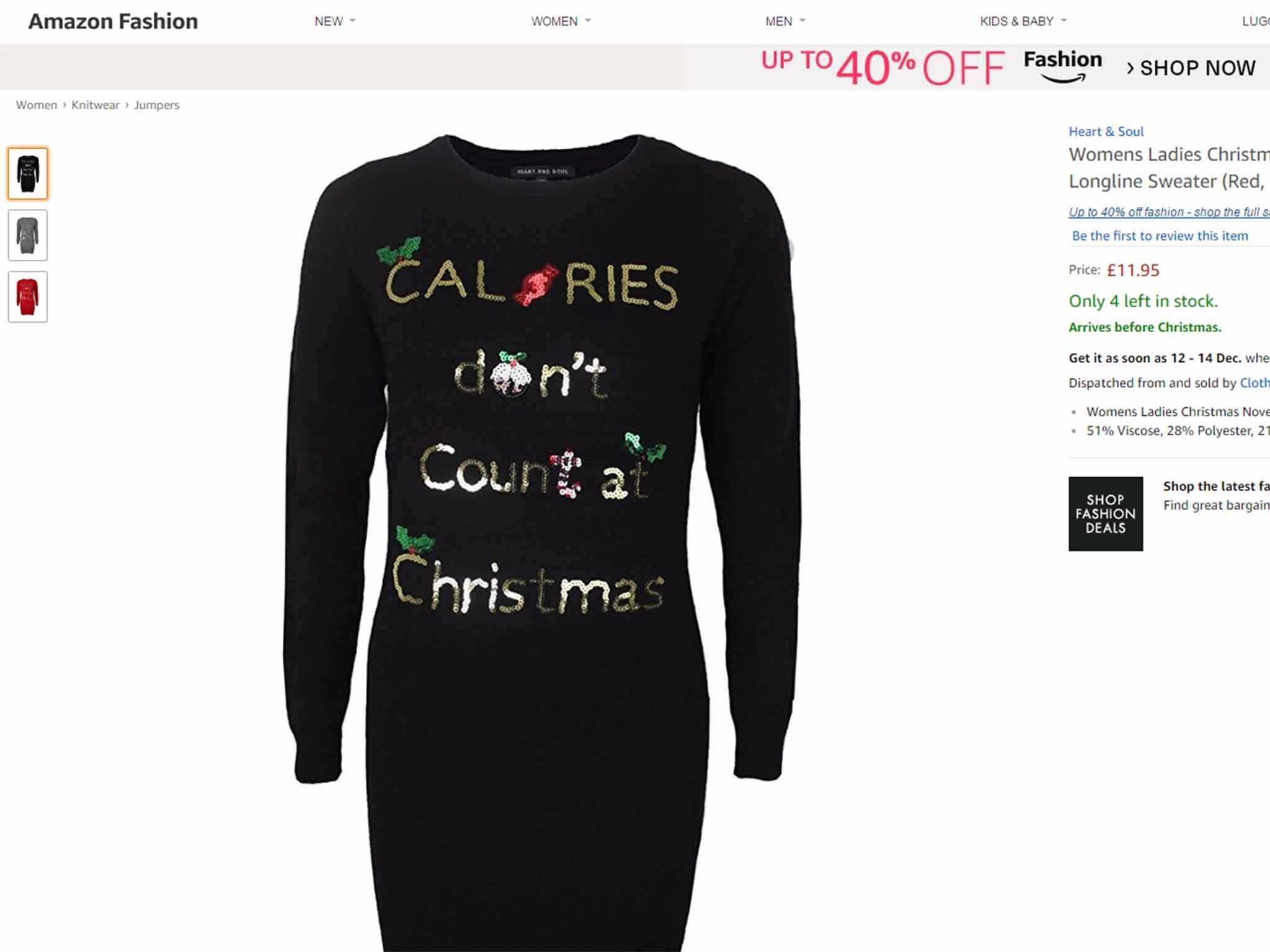 Jumper with 'Calories don't count at Christmas' on it being sold on Amazon by Heart &amp; Soul (Amazon/Heart &amp; Soul)