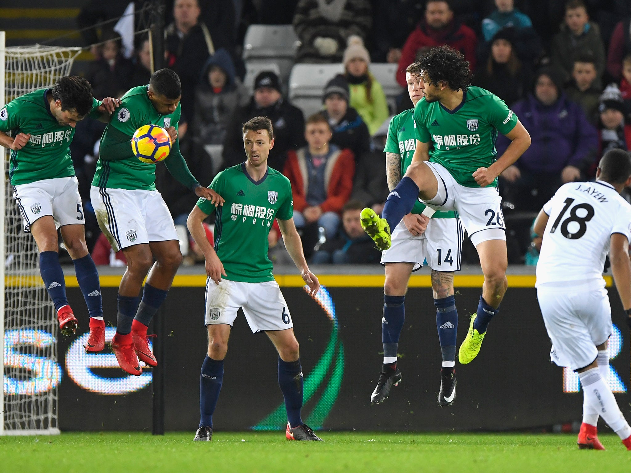 Jordan Ayew fire a free-kick straight into the West Bromwich wall