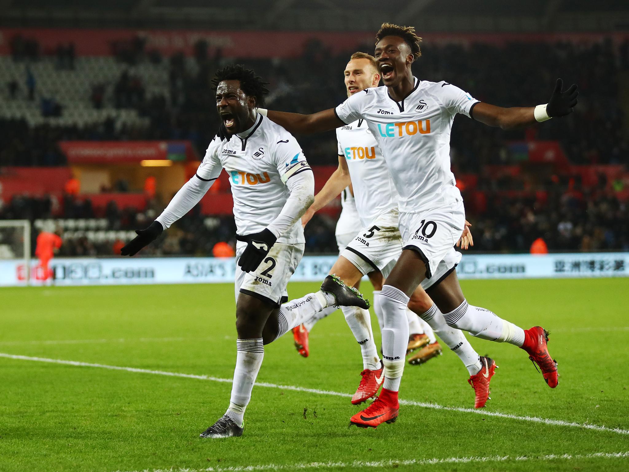 Wilfried Bony celebrates scoring the winner for Swansea against West Brom