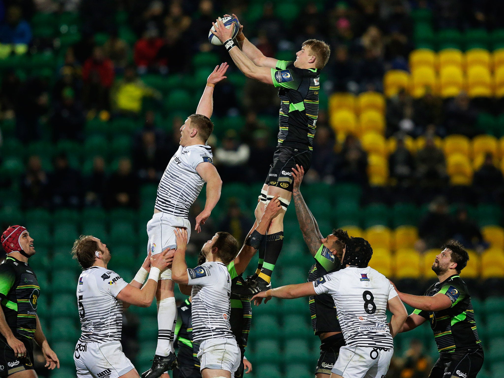 David Ribbans collects at a line-out for Northampton