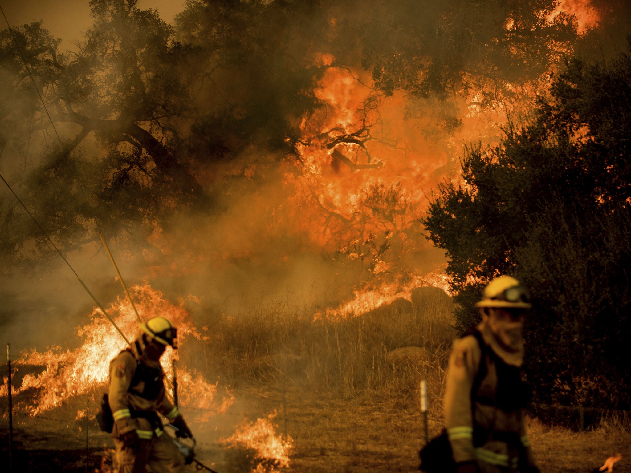 Firefighters light backfire while trying to keep a wildfire from jumping a road near Ventura, California