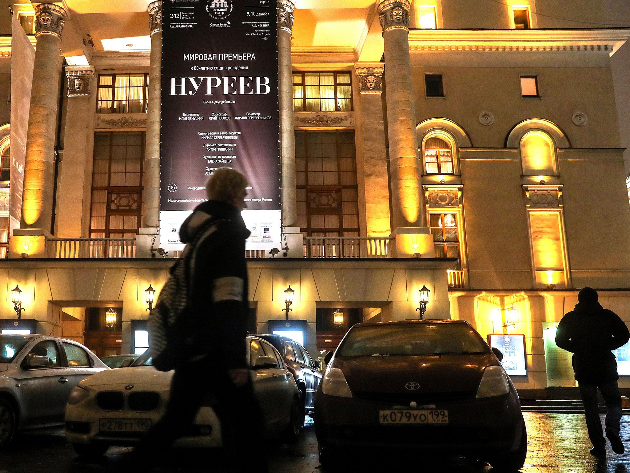 A poster promoting director Kirill Serebrennikov's ‘Nureyev’ ballet is seen outside the Bolshoi Theatre on Saturday