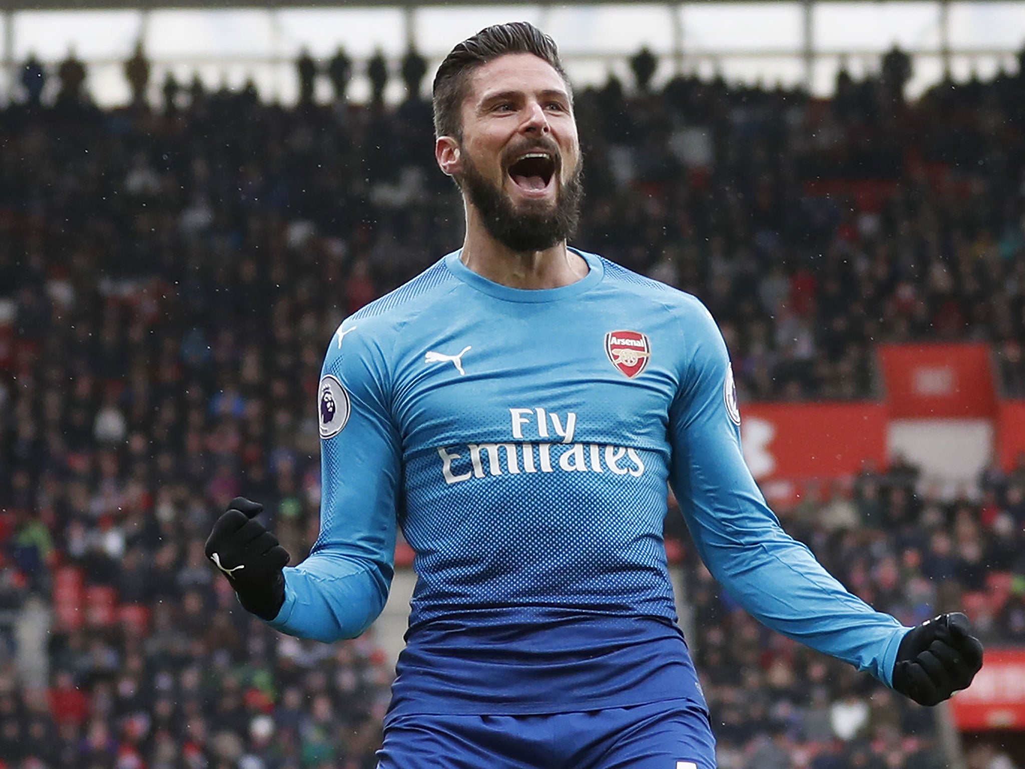 Olivier Giroud celebrates equalising for Arsenal against Southampton on Sunday