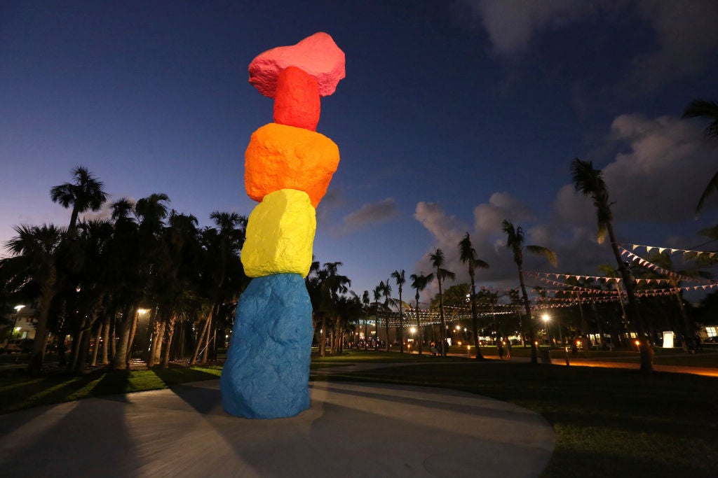 Ugo Rondinone experiments with the ancient tradition of cairn building in his now permanent sculpture 'Miami Mountain'