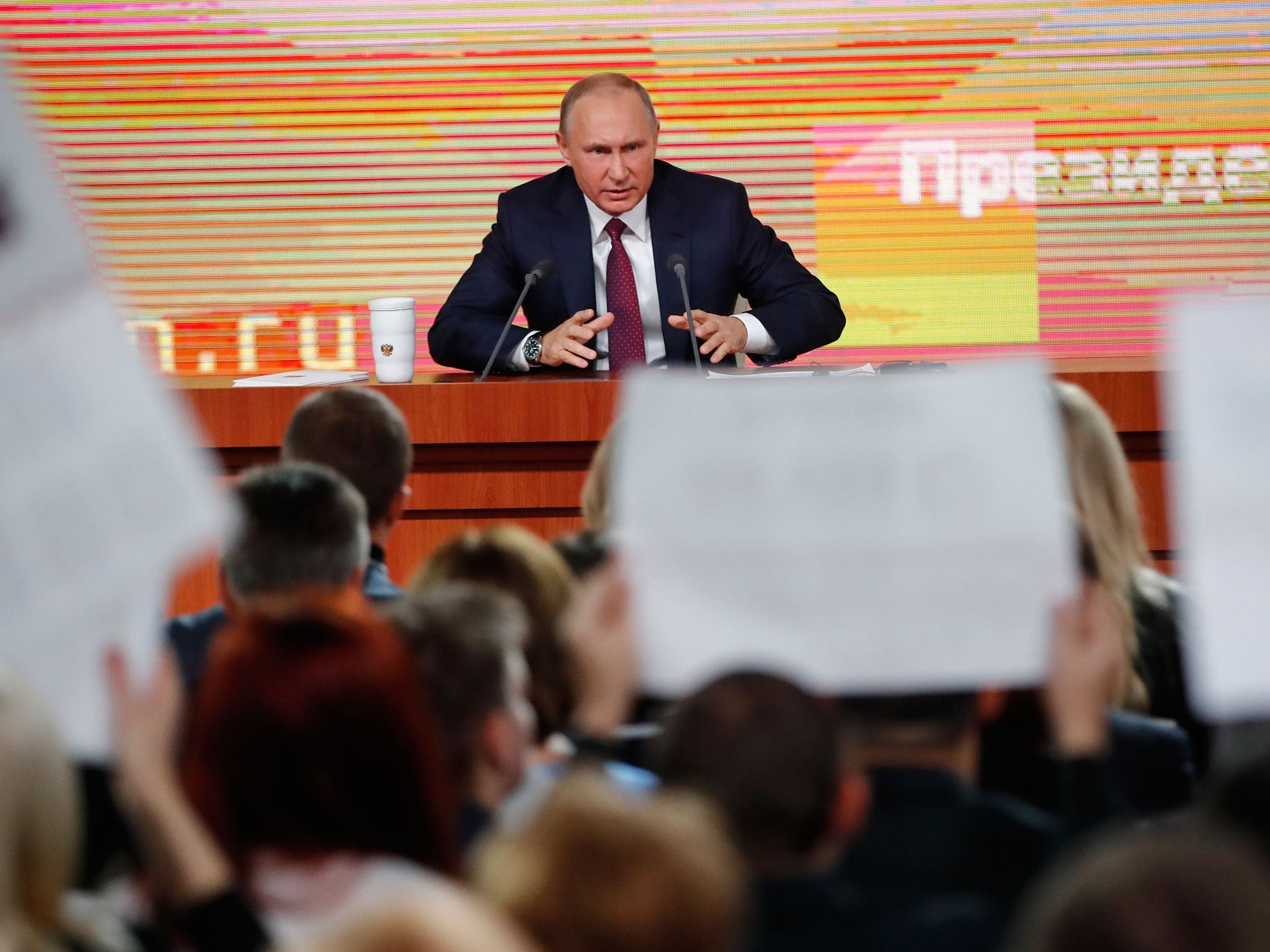 Russian President Vladimir Putin speaks during his annual news conference in Moscow