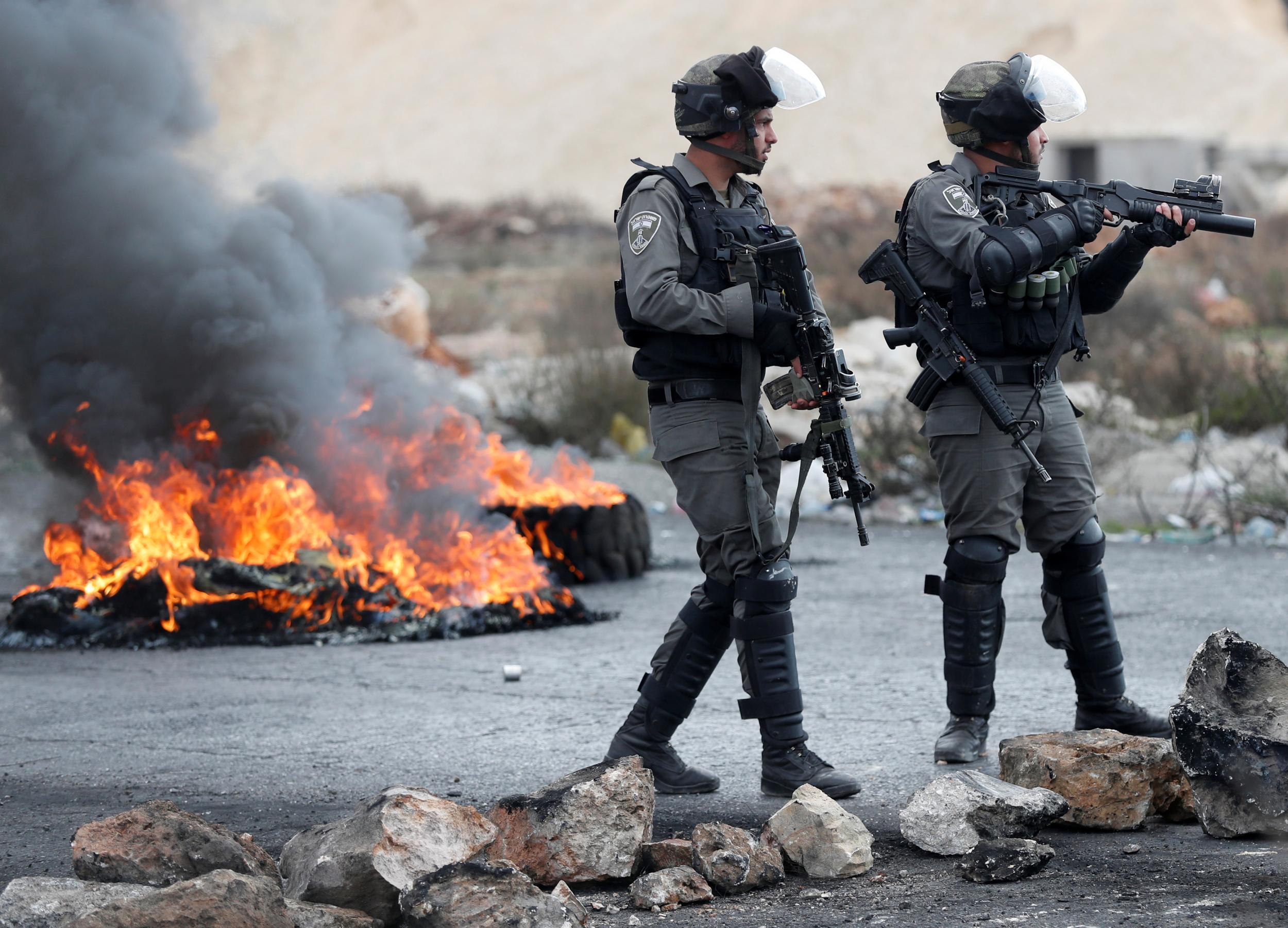 Israeli border police seen during a protest against US President Donald Trump's decision to recognise Jerusalem as the capital of Israel near the West Bank city of Ramallah on 15 December 2017