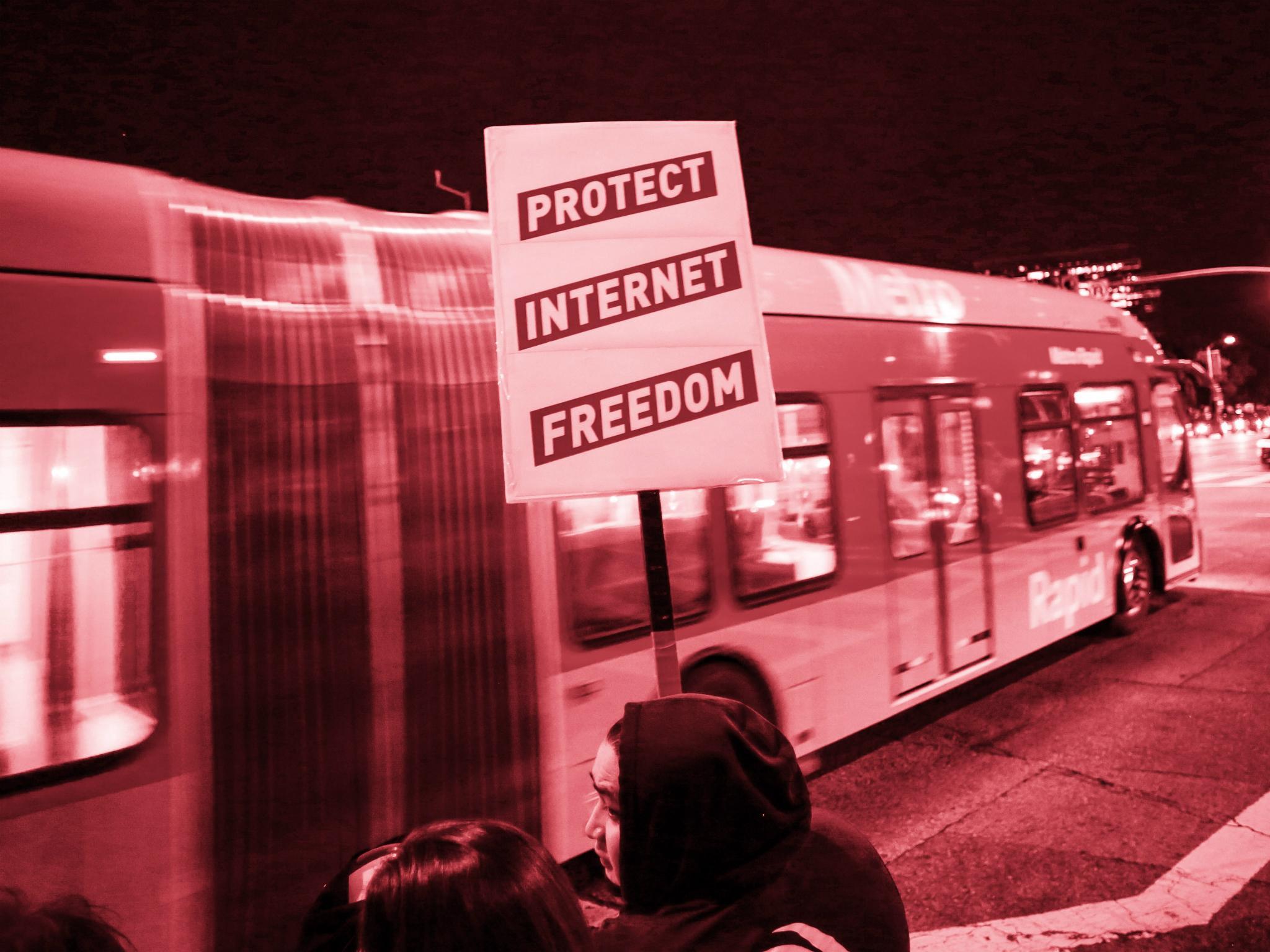 Supporter of Net Neutrality Lance Brown Eyes protests the FCC's recent decision to repeal the program in Los Angeles, California, November 28, 2017