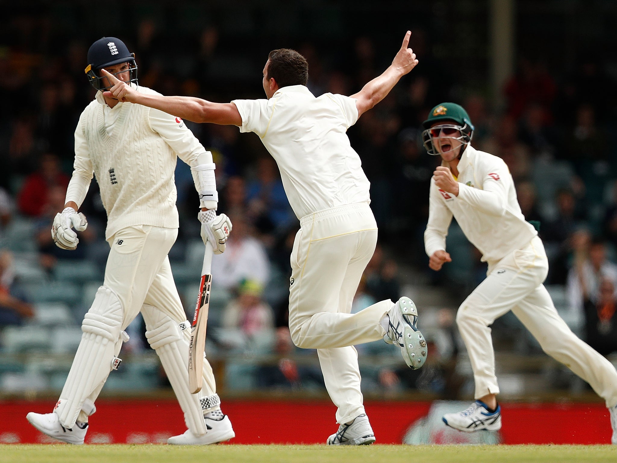 Josh Hazlewood celebrates the dismissal of Craig Overton.