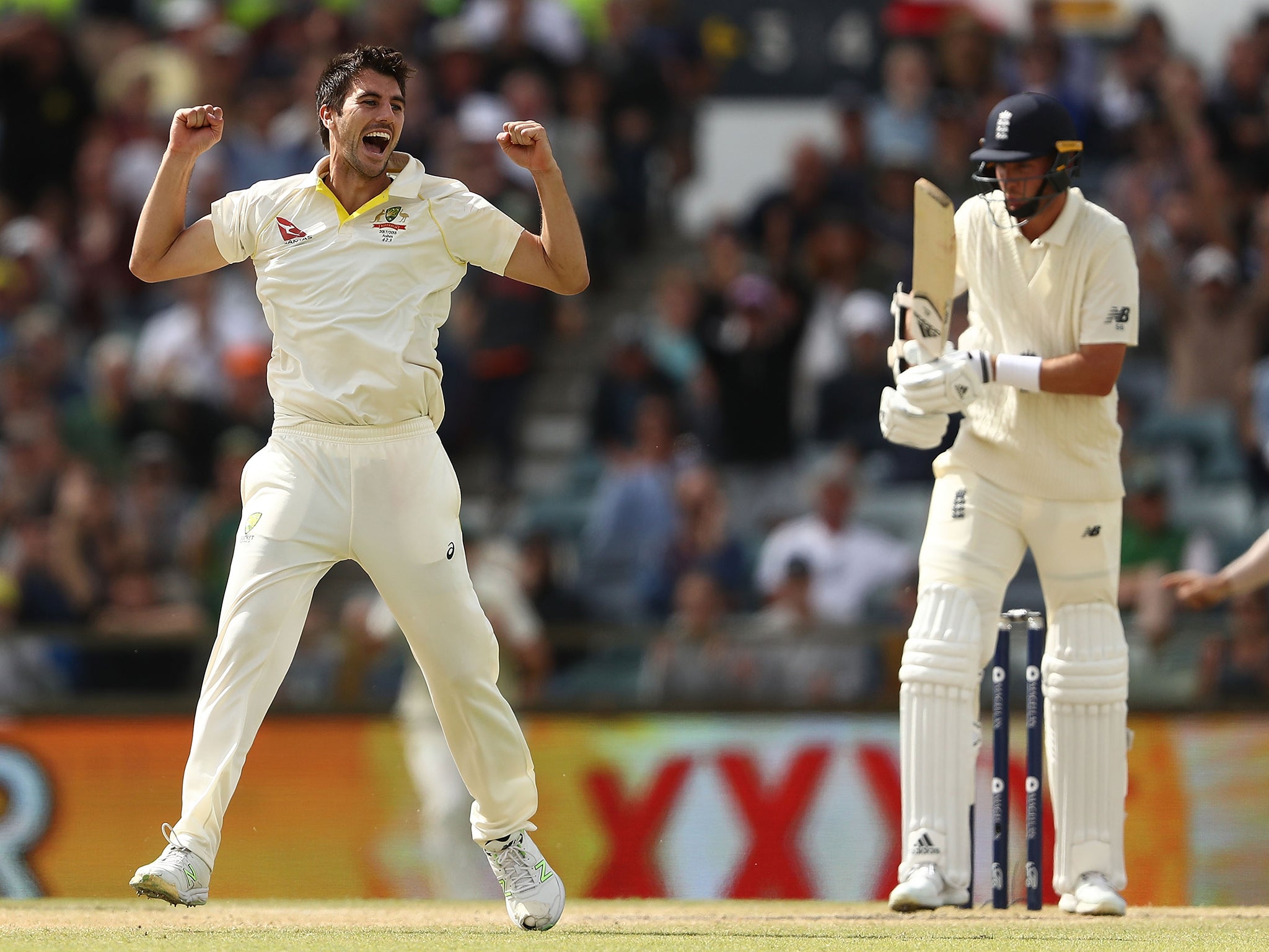 Pat Cummins celebrates dismissing Stuart Broad for a duck