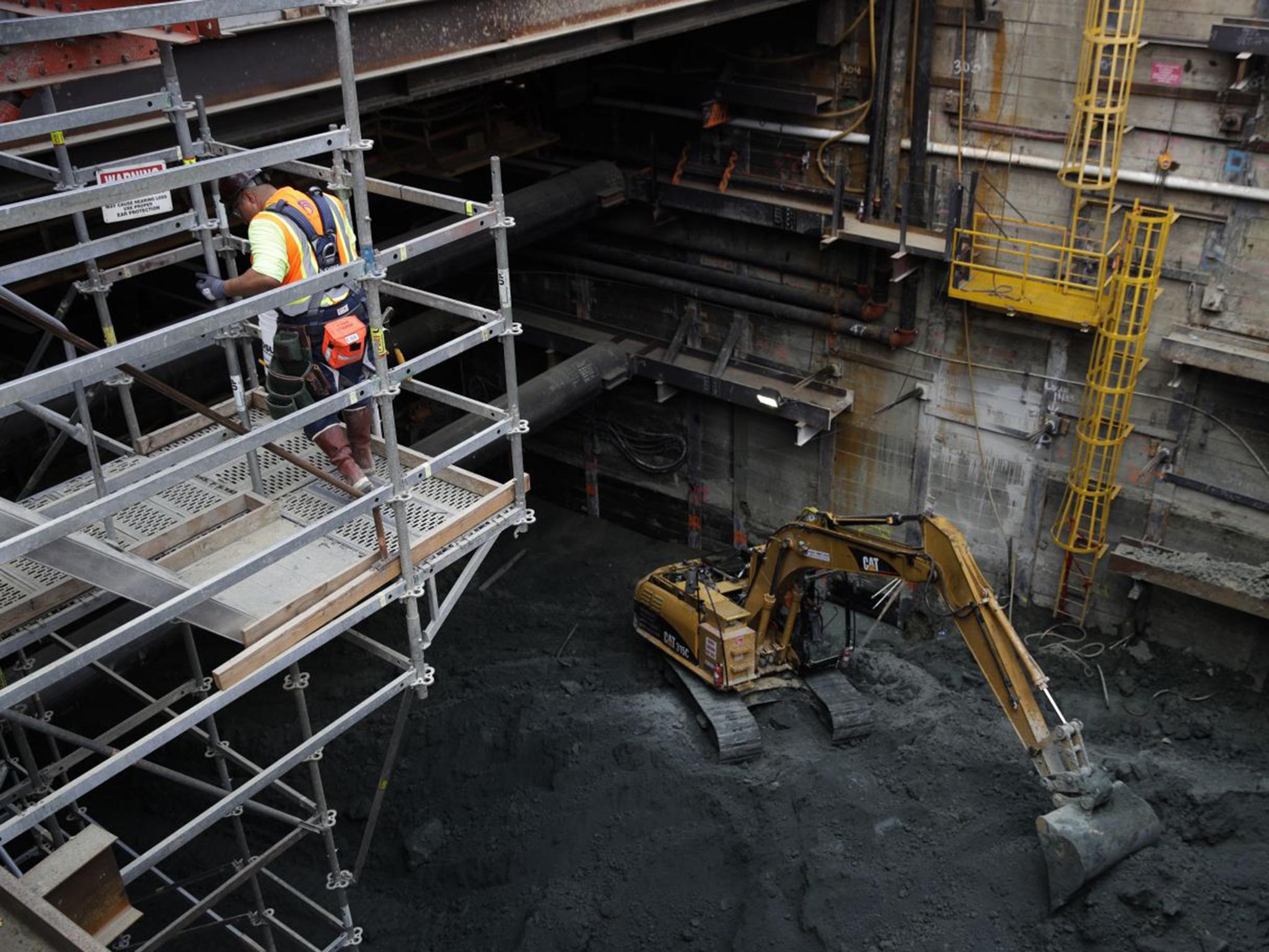 A worker on site of the Metro Purple Line extension in Los Angeles