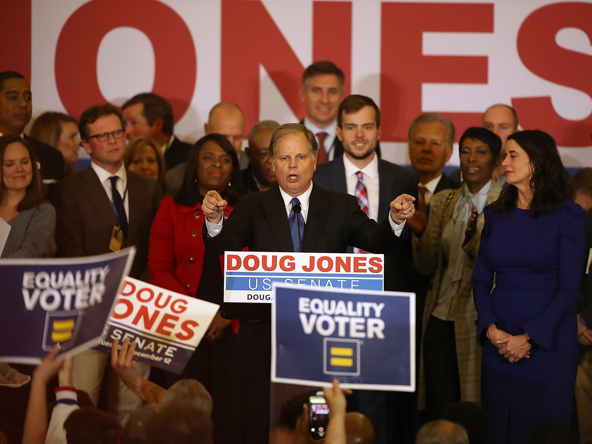 Democratic U.S. Senator elect Doug Jones speaks to supporters during his election night gathering