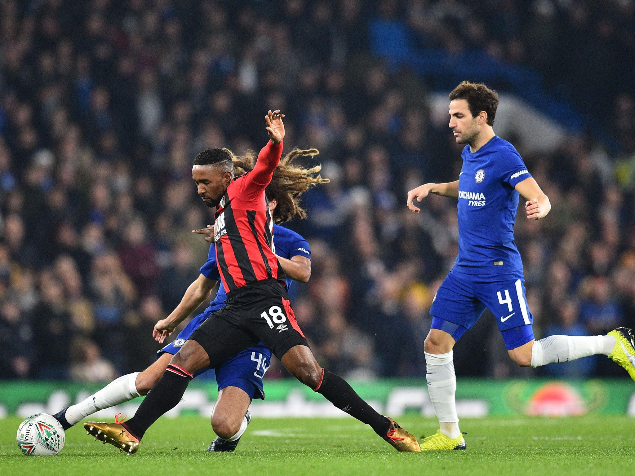 Ethan Ampadu makes a challenge on the Bournemouth forward