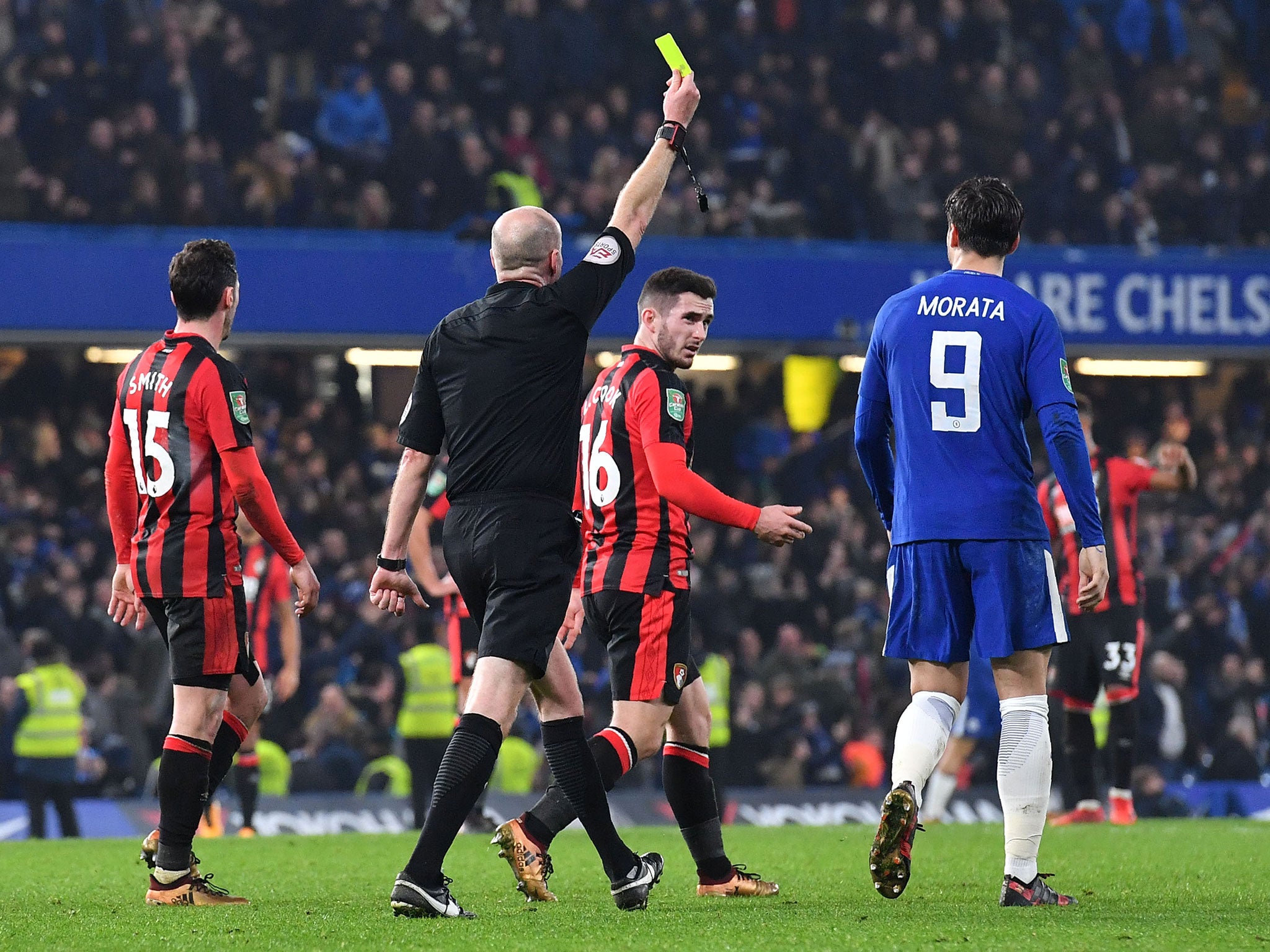 Morata is shown a yellow card following his goal celebrations