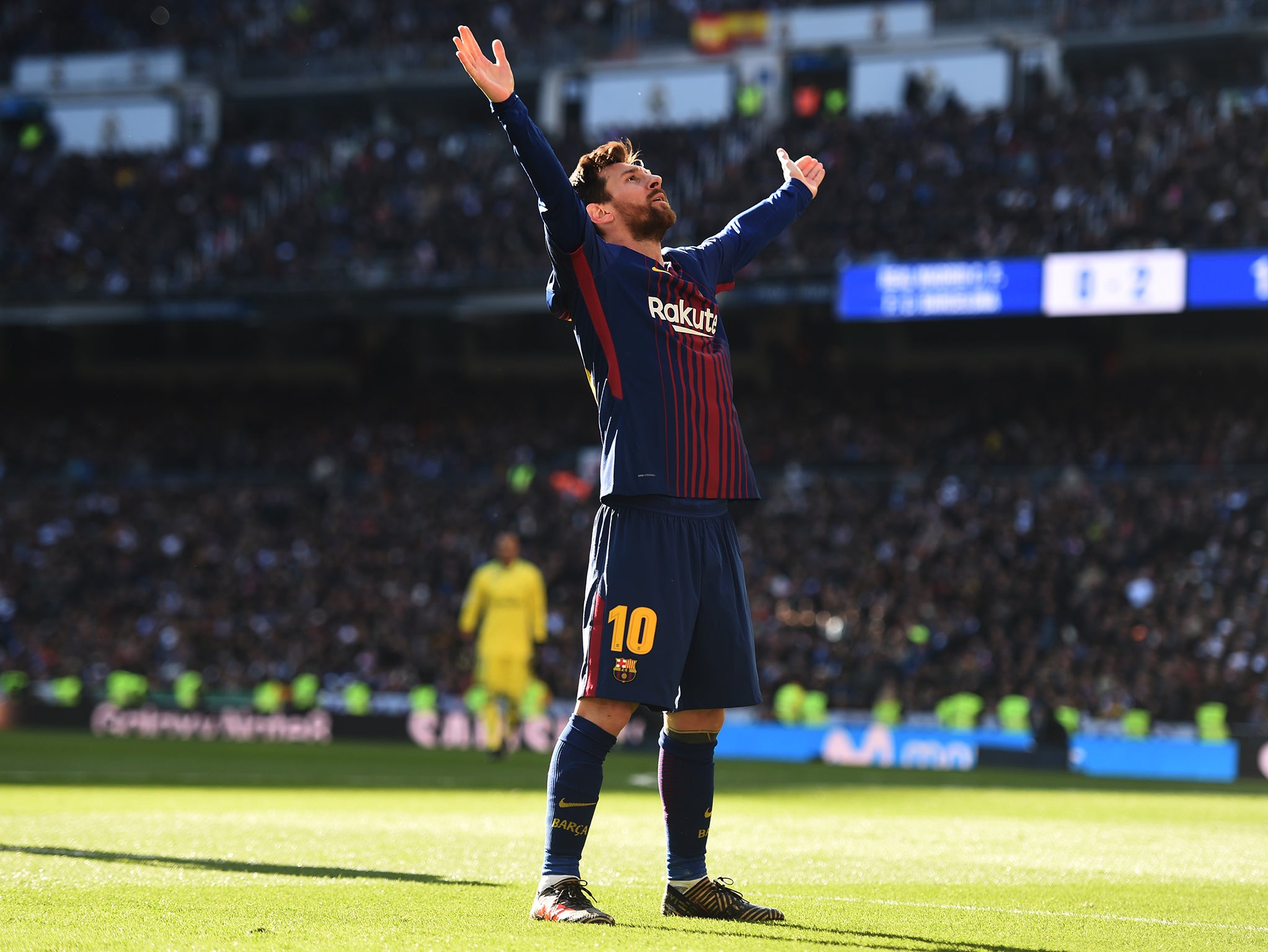 Messi celebrates after scoring Barcelona's decisive second goal