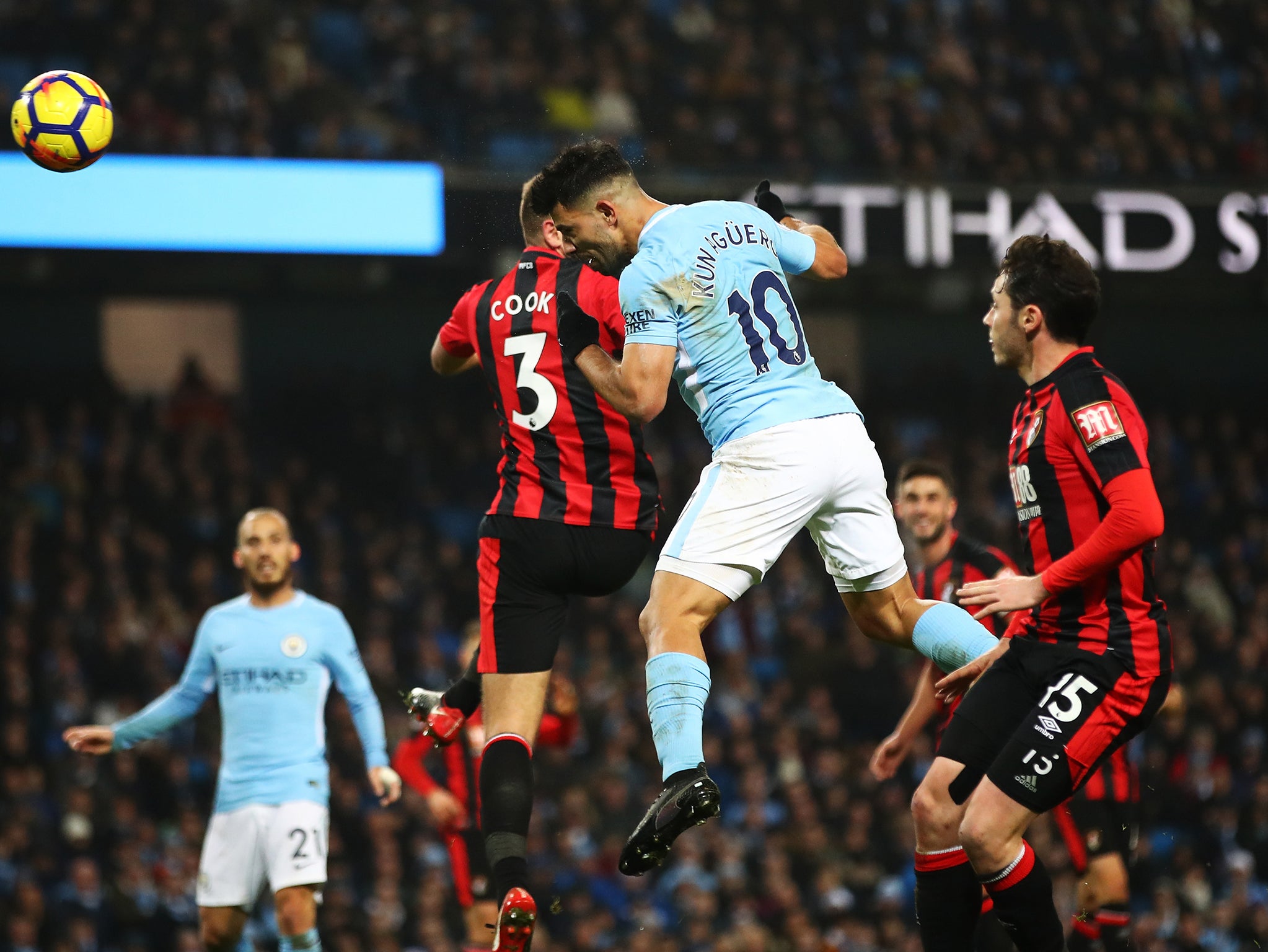 Sergio Aguero scored two headed goals in the easy win