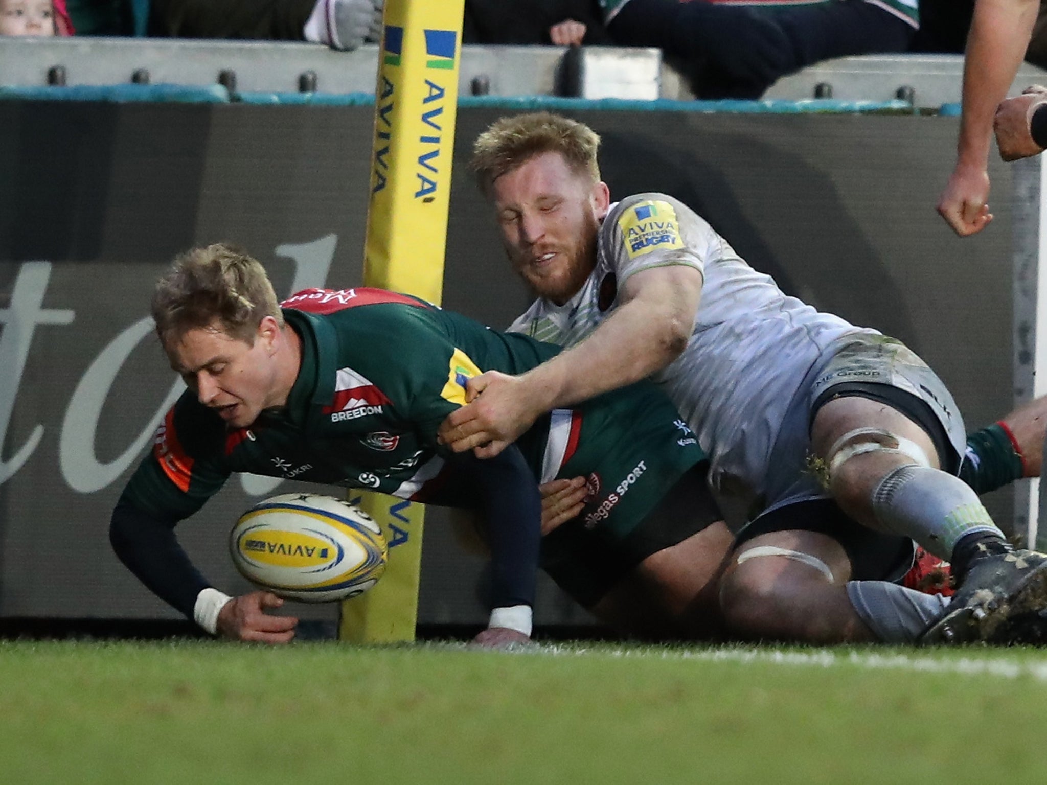 Mathew Tait scored Leicester's first try after a brilliant offload from Adam Thompstone