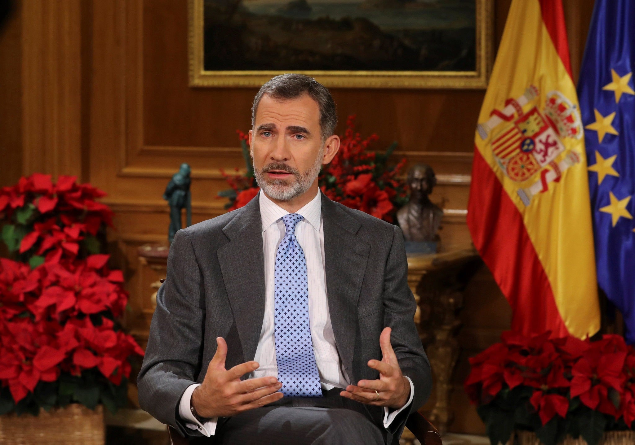 Spanish King Felipe VI delivers his Christmas Eve message at the Royal Palace in Madrid