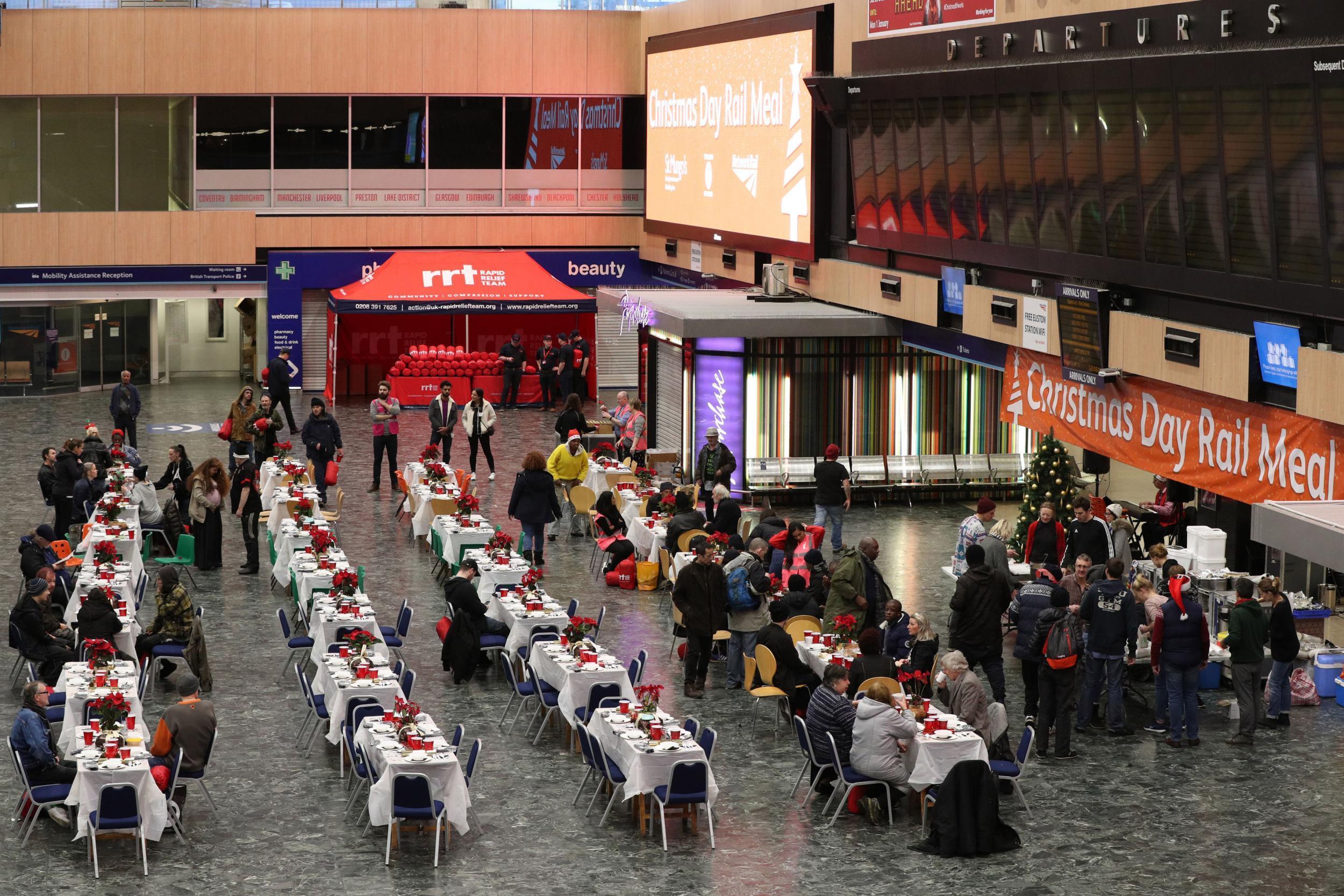 Tables were set out at Euston station and people were invited by the homeless charities St Mungo’s and Streets Kitchen