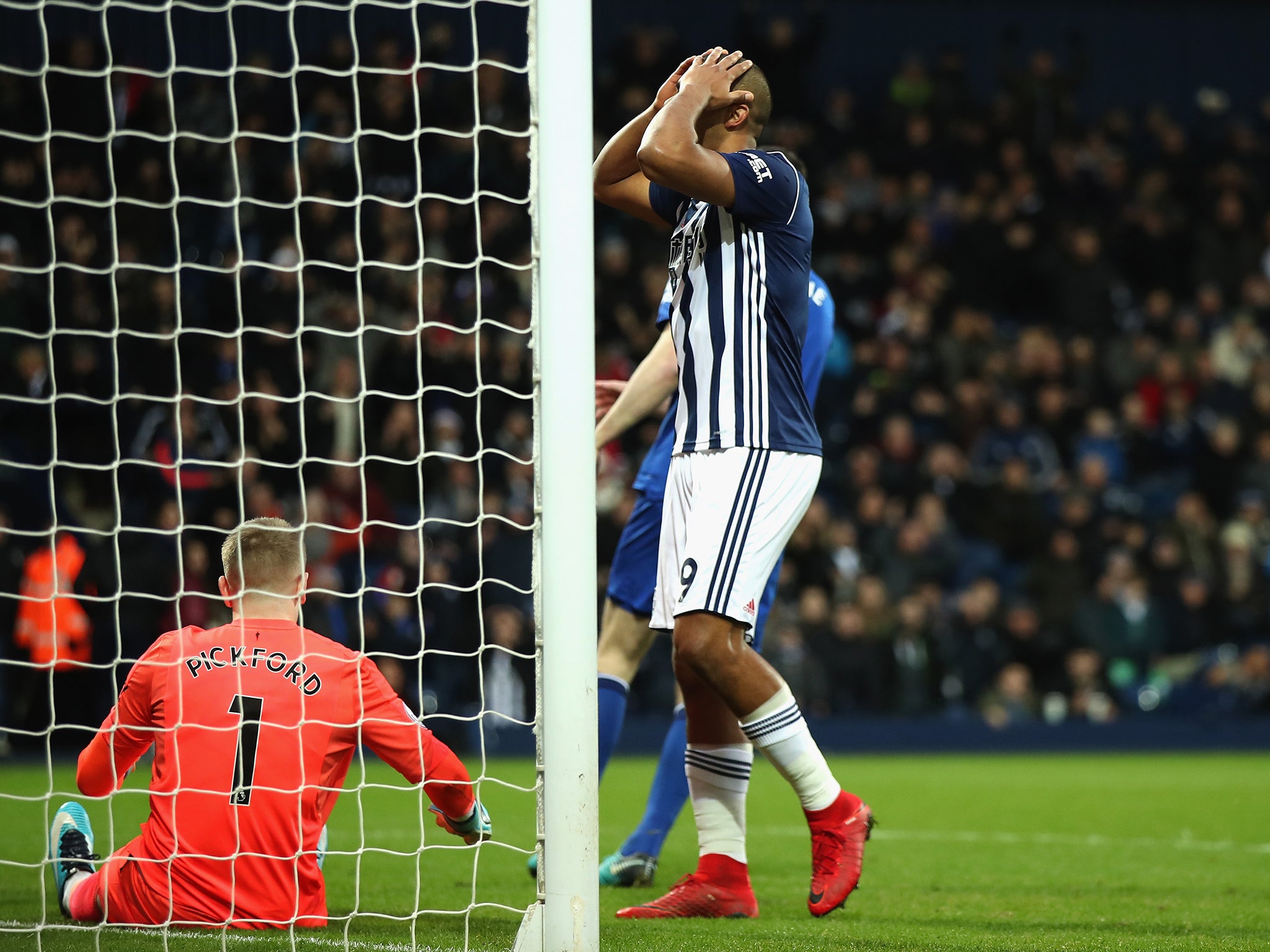 Salomon Rondon reacts to missing a chance in front of goal during West Brom's draw with Everton